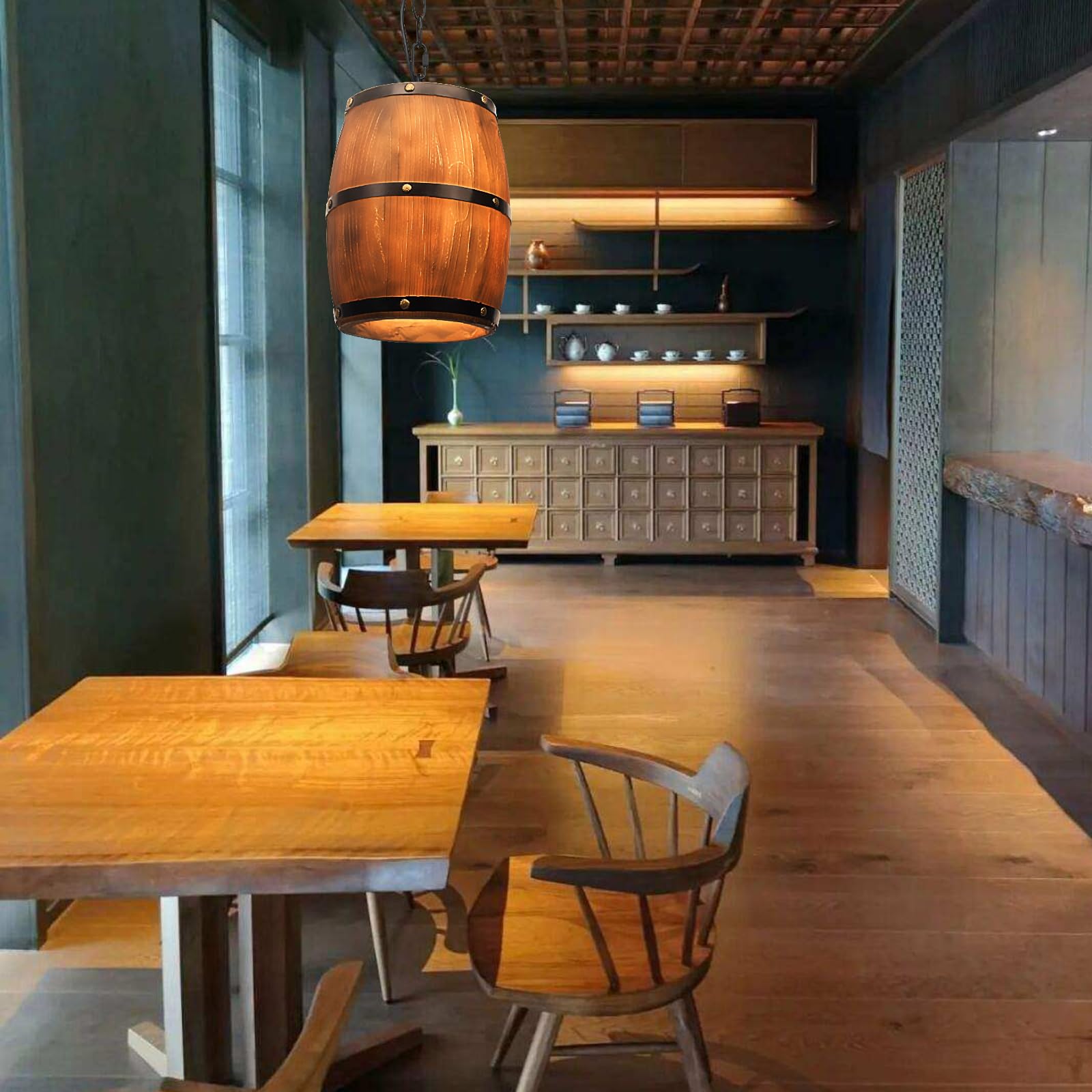 Wood Wine Barrel Chandelier Whiskey Barrel Pendant Lamp,Hanging Rtic Ceiling Lamp Light Fixtures, Hanging Bar Lights For Kitchen, Cafe,Living Room, Restaurant,Bedroom (M - View #6