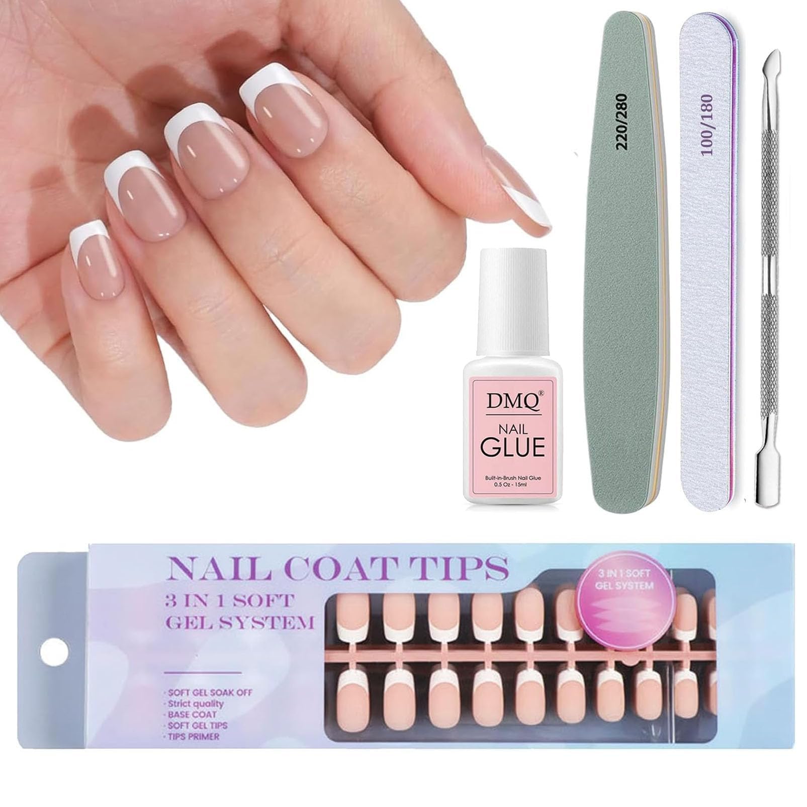 French False Nails, 300Pcs Square Press On Nails Short, Nude Color X-coat Tips Fake Nails with Glue, Full Cover Glue on Nail for Women French White Tip Nail Art - 15 Sizes
