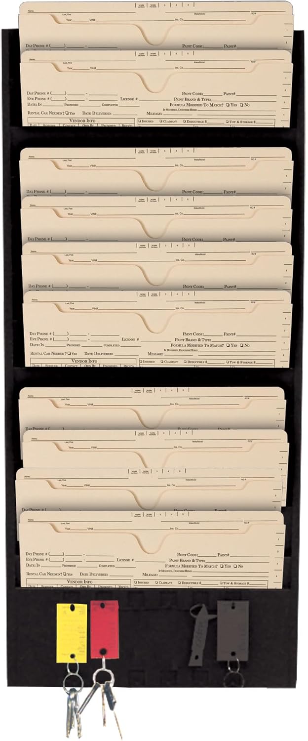 PROLific Automotive Products CHAMP Repair Order Rack with Key Hanger, Heavy-Duty 12-Pocket Alloy Steel Wall Mount Organizer with 12 Key Hangers, Ideal for Auto Workshops and Garages - Black