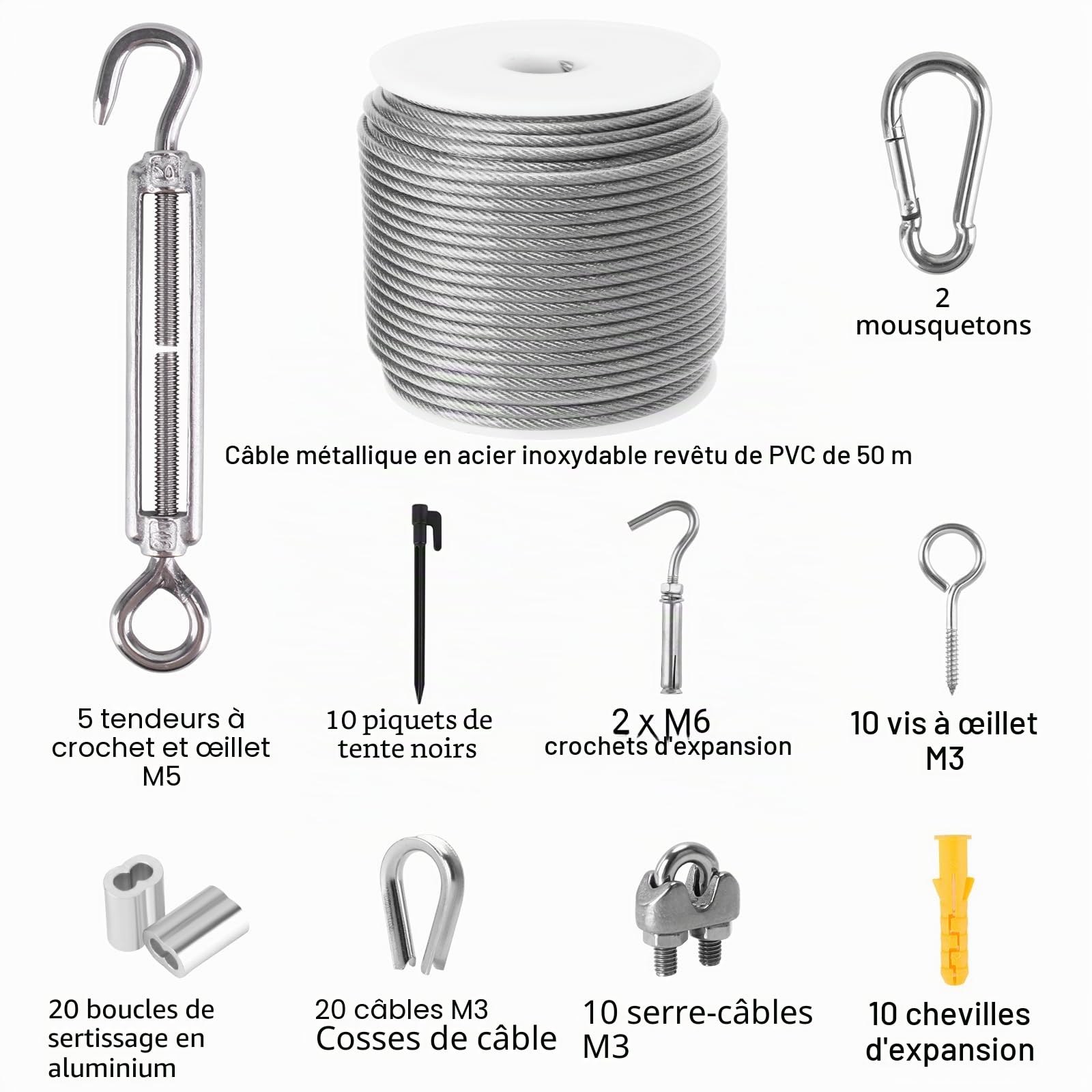 50m Câble Acier Kit, Câble Métallique en Acier Inoxydable Épais de 3mm, Tendeur Câble Inox avec Tendeur M5 de Fil, 304 Cable Acier Inoxydable à Noyau 7 x 7 Brins pour Plante Grimpante, Corde à Linge
