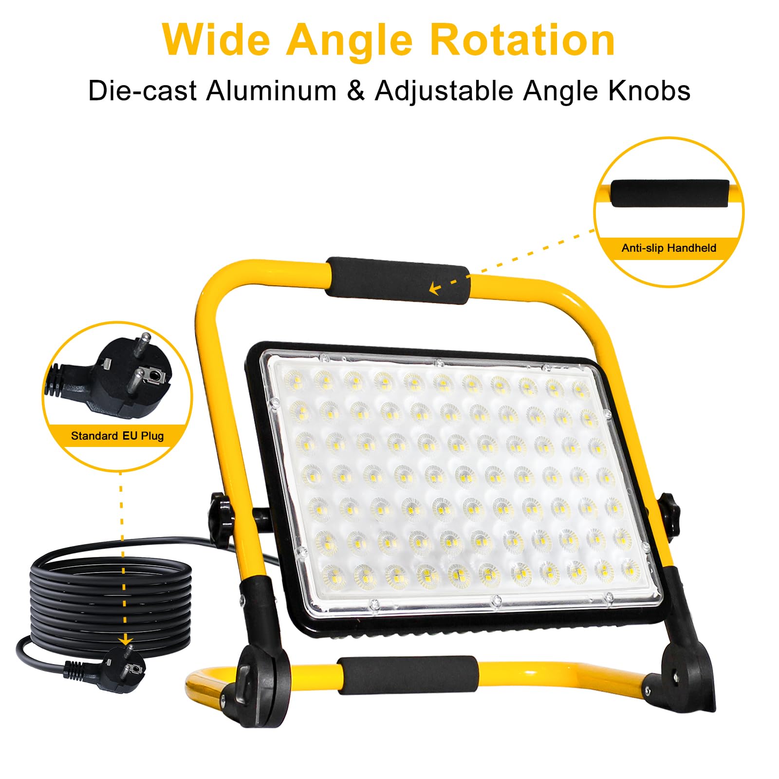 Faretto LED da Cantiere 200W, 20000lm Faro LED da Cantiere Portatile Luce Bianca 6500K IP66 Impermeabile Cavo 4M, Rotazione 360°con Staffa Pieghevole, Faretto Lavoro per Edilizia,Officina