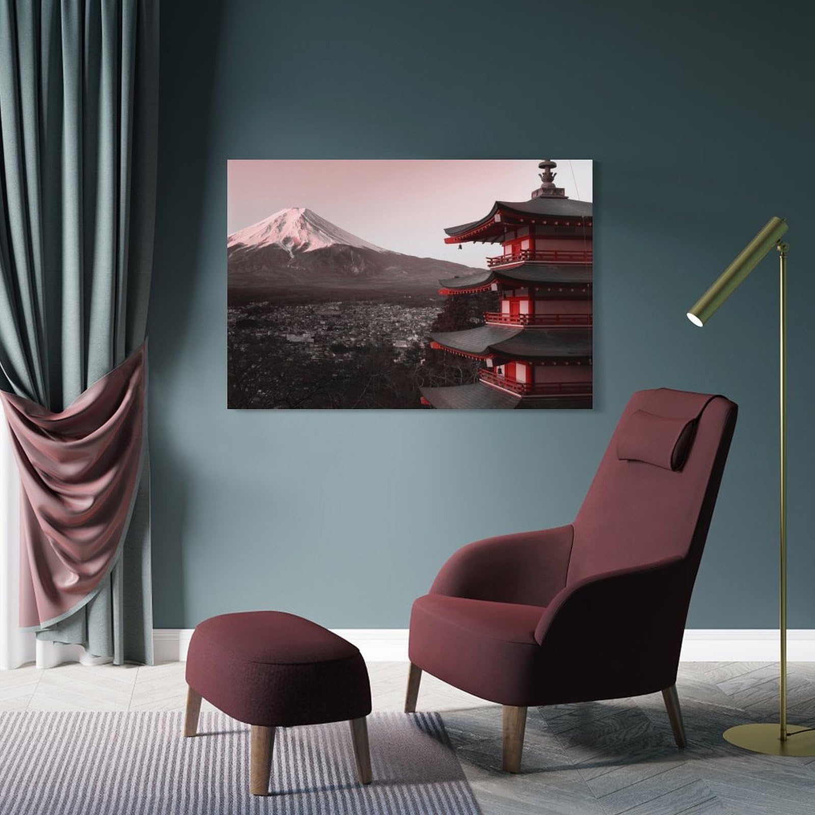 Junmoney Frame-Style-23 Wall Decor Canvas Print Mount Fuji Pagoda View, 20X30inch(50X75cm), For Living Spaces, Bedrooms Or Relaxed Rooms, A Home Accent With Warm Character