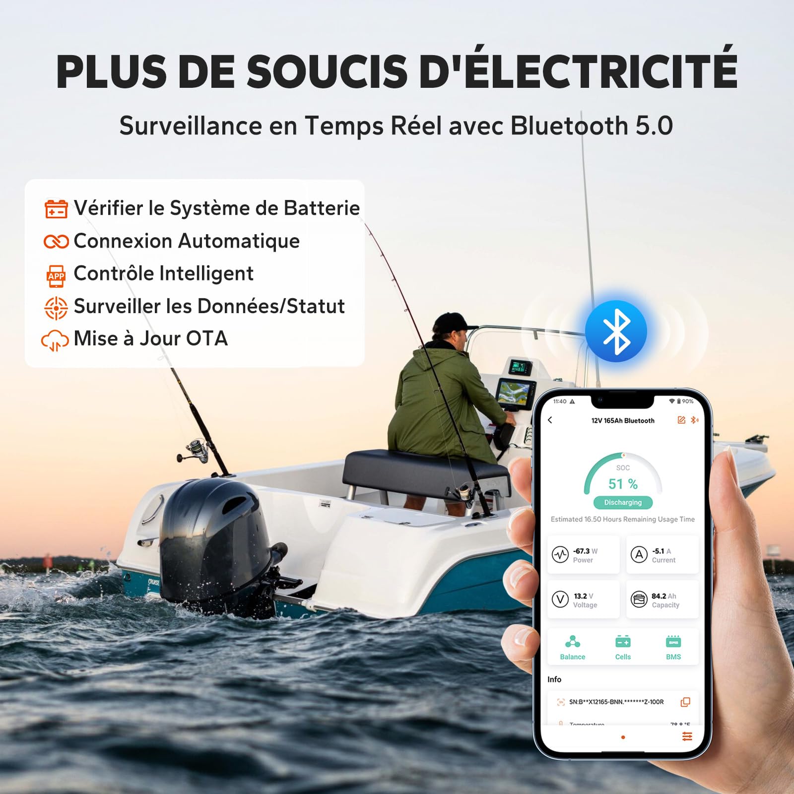 LiTime 4 Pcs Batterie Lithium 12V 165Ah LiFePO4 avec Démarrage pour Bateaux
