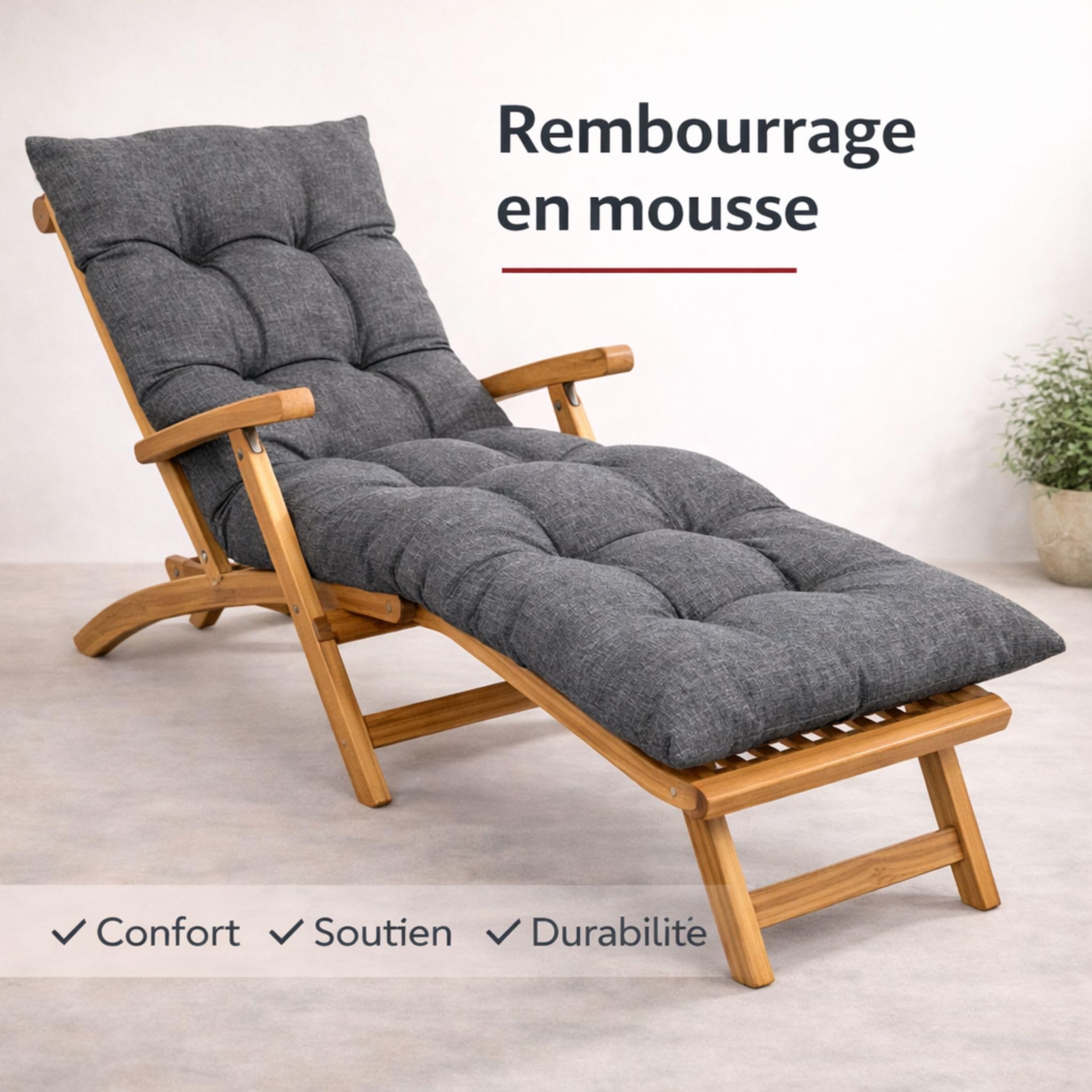 bananair - Coussin Bain de Soleil Chaise Longue - Épais, Ultra Confortable, Design Matelassé - Fabriqué en France - Matelas Transat avec Scratchs, Facile à Installer (185x60x15 cm, Gris)