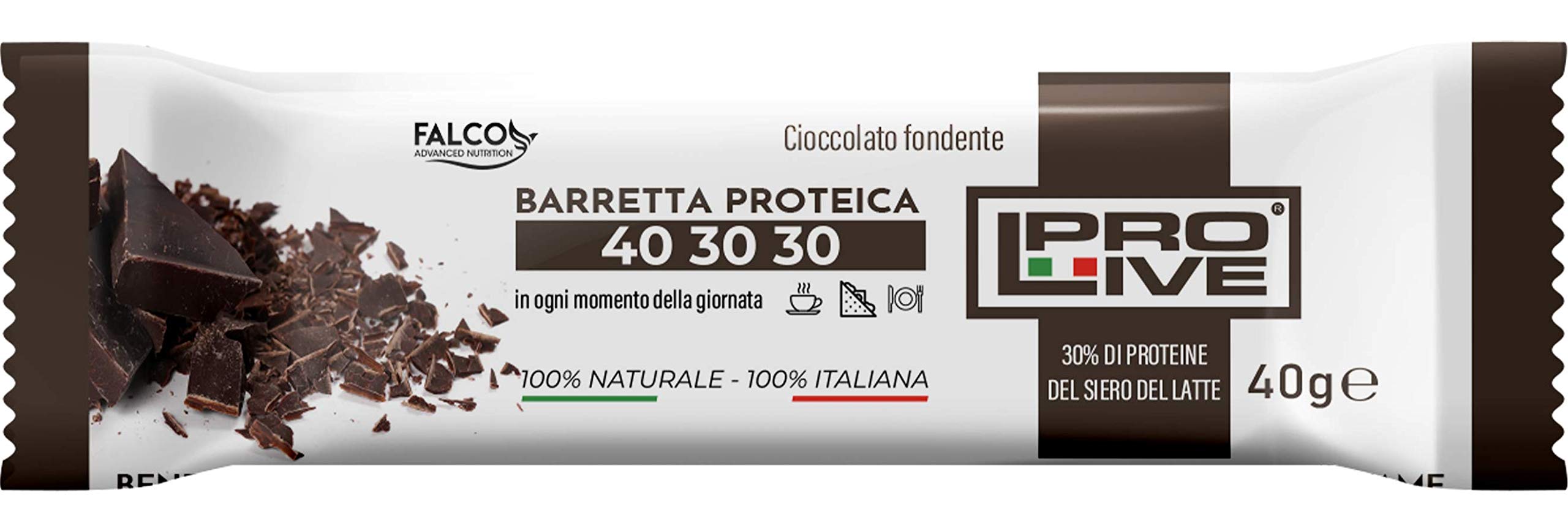 PROLIVE 40 30 30 FONDENTE – Barrette Proteiche a zona 40 30 30, Senza Zuccheri Aggiunti, Croccante, Puro Cioccolato Fondente, 30% Proteine Del Siero del Latte (Whey Protein)(12x40g)