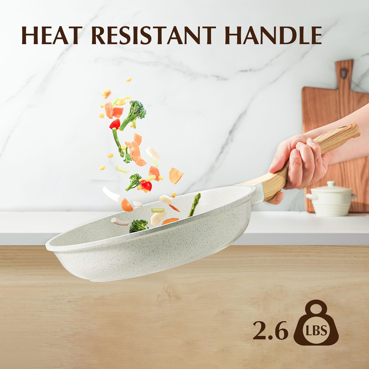 White Ceramic Nonstick Frying Pan with Lid and Woodgrain Handle
