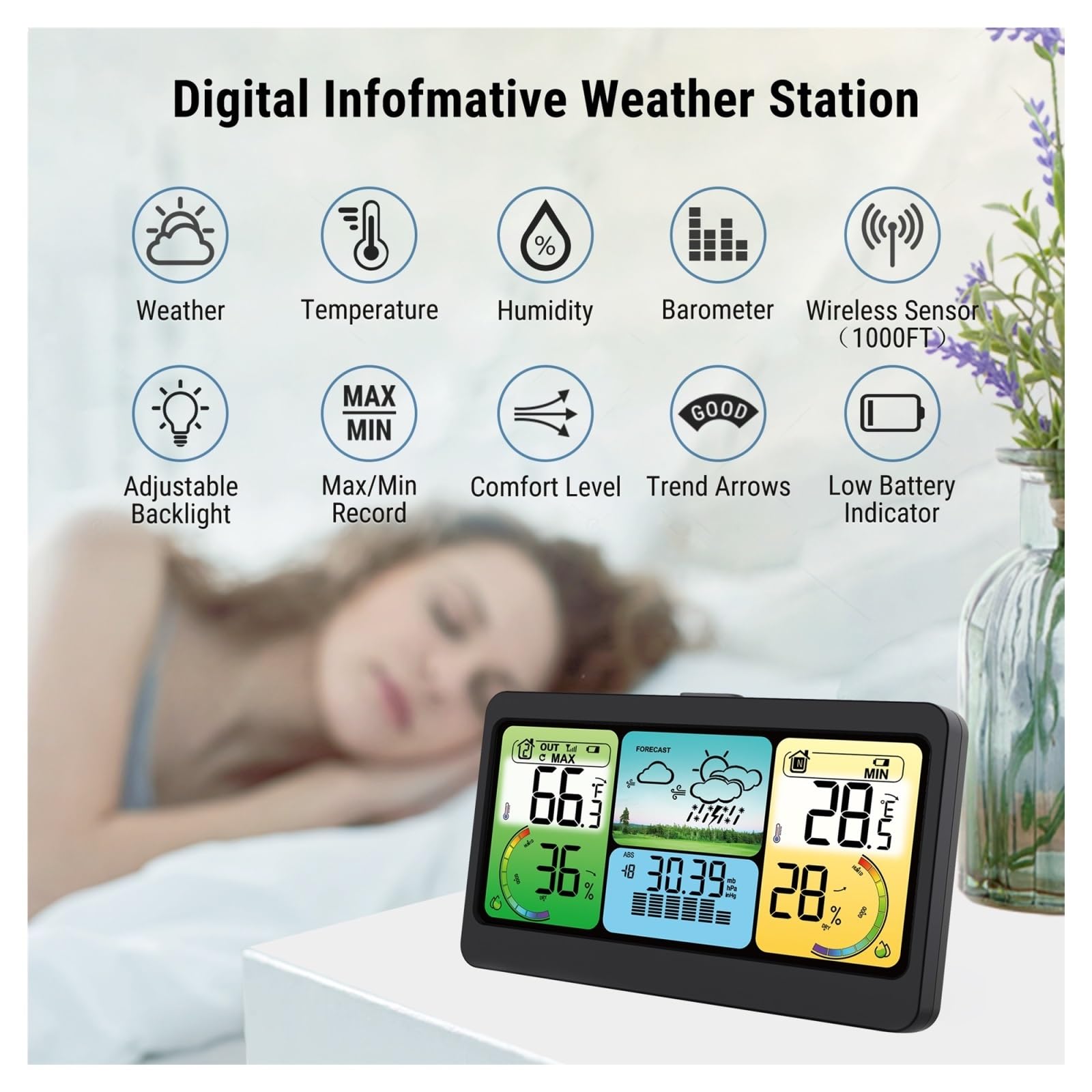 Thermomètre De Chambre Numérique Intérieur Extérieur Sans Fil 300m Hygromètre Extérieur Station Météo Grand LCD Rechargeable Moniteur Précis