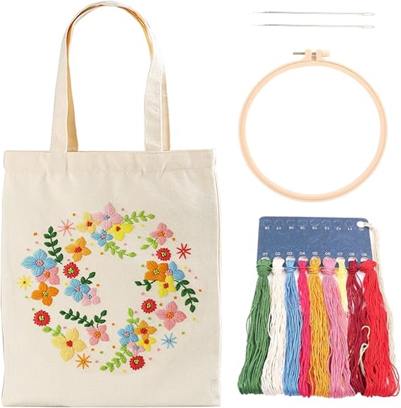 DKDDSSS Canvas Tote Bag Embroidery Kit with Floral Pattern, Embroidery Starter Kit, Cross Stitch