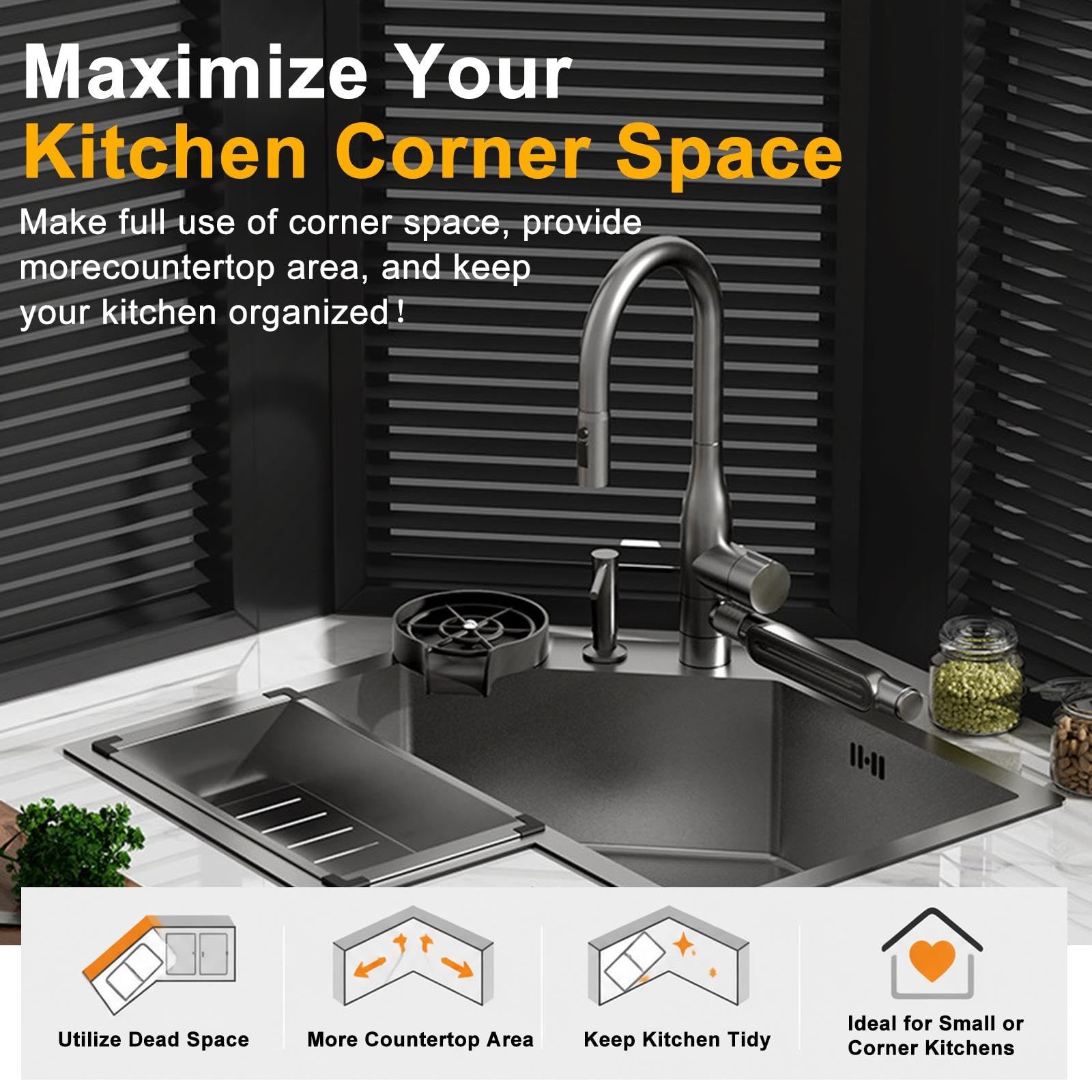 Lavello Cucina Angolare a L, In Acciaio Inox 304 con Cascata Laterale
