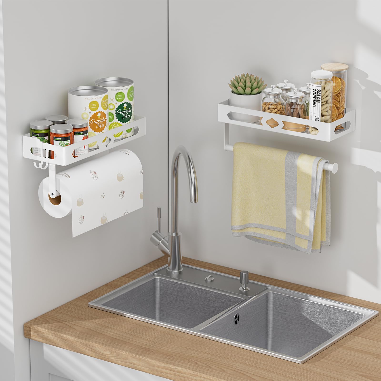 ZDDLOINP Spice Rack with Paper Towel Holder Roll and Hooks, Wall Mounted Spice Rack - Image 3