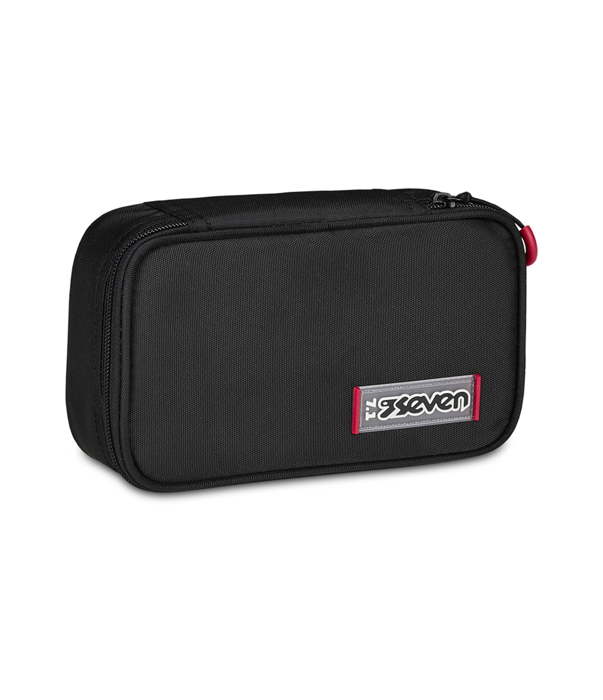 Seven Astuccio Scuola Elementare, 1 zip Tinta Unita, Medie, con Matite, Pennarelli, Penne, Ragazzo Ragazza, Quick Case, nero rosso