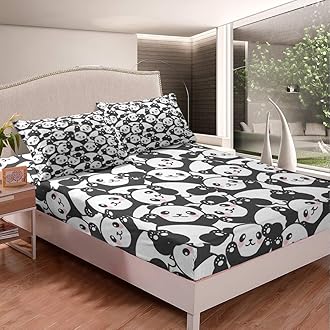Feelyou Panda Bed Sheet Set for Kids Boys Girls Cartoon Panda Print Bedding Set Lovely Animal Pattern Fitted Sheet Soft Microfiber Bed Cover,Room Decor 2Pcs Sheets Twin Size