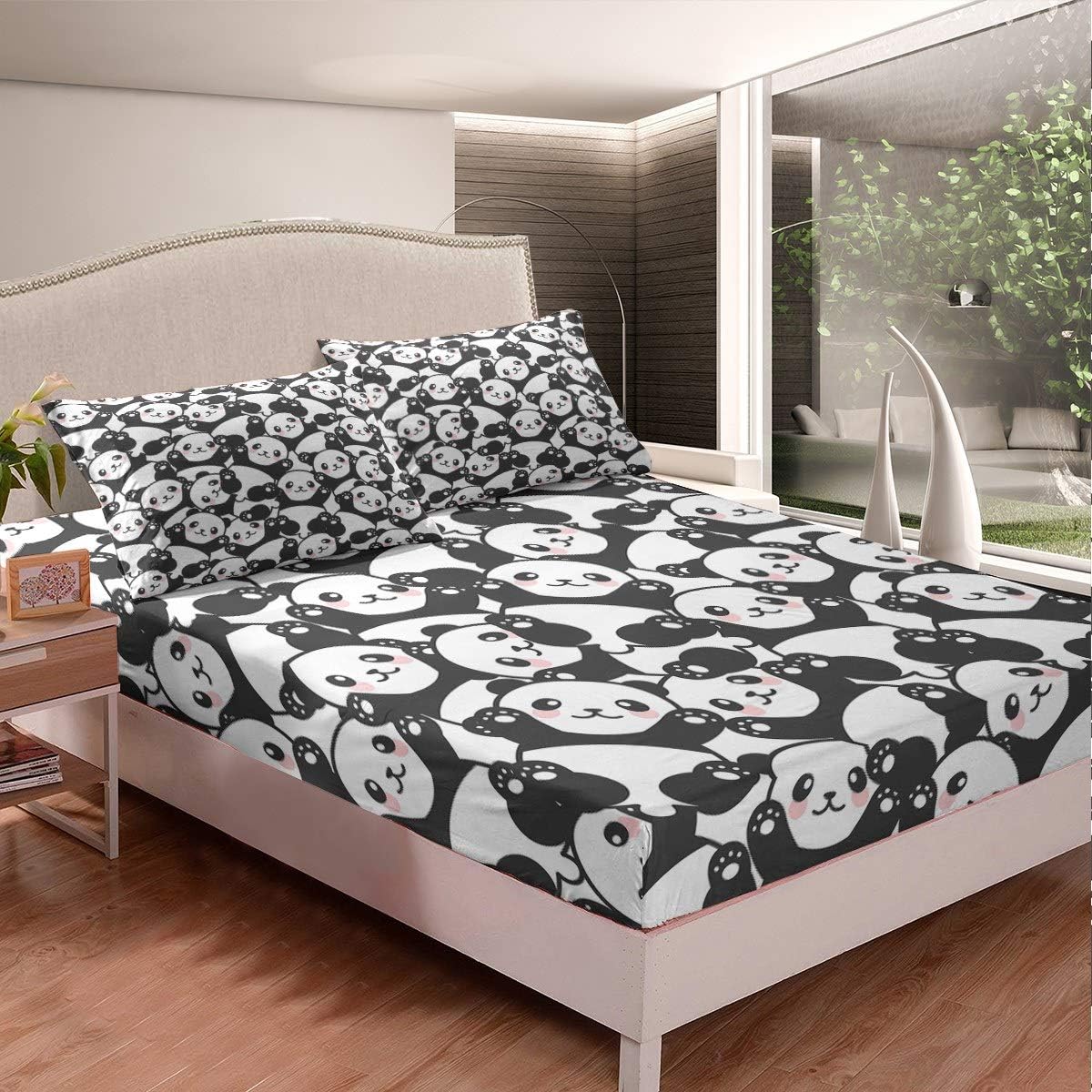 Feelyou Panda Bed Sheet Set for Kids Boys Girls Cartoon Panda Print Bedding Set Lovely Animal Pattern Fitted Sheet Soft Microfiber Bed Cover,Room Decor 2Pcs Sheets Twin Size