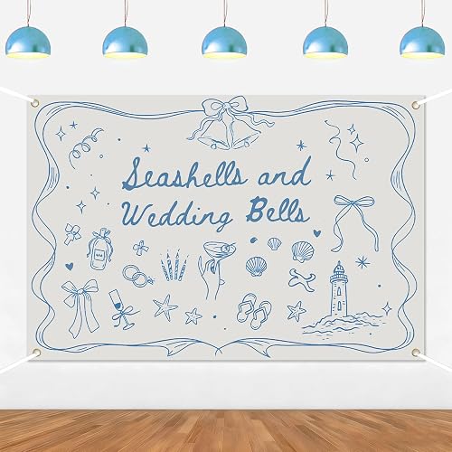 Seashells and Wedding Bells Backdrop Banner Blue Coastal Bachelorette Party