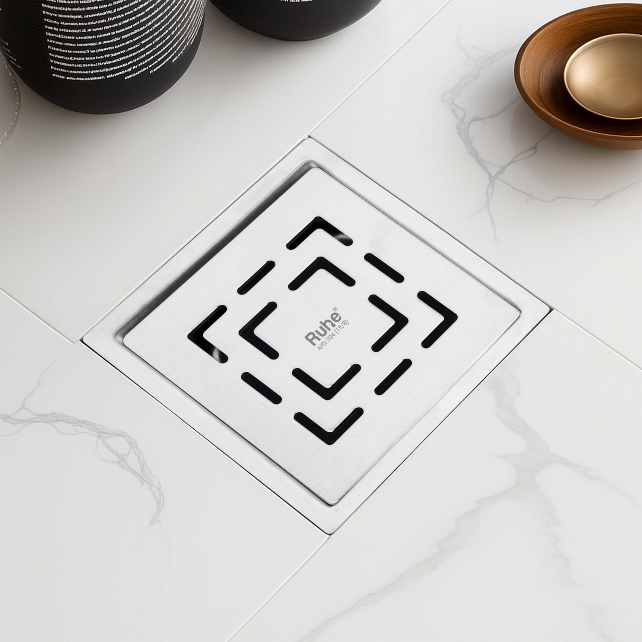 Ruheยฎ Sapphire Exclusive Square Flat Cut Floor Drain | 304-Grade Stainless Steel Drain Jali with Matte Finish | 5 x 5 inches | Floor Drainer with Cockroach Trap/Jali