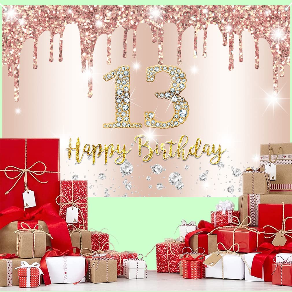 Decorazione Compleanno 13 Anni Ragazza - Striscione E Sfondo Fotografico In Tessuto Oro Rosa, 150x90 Cm - 4