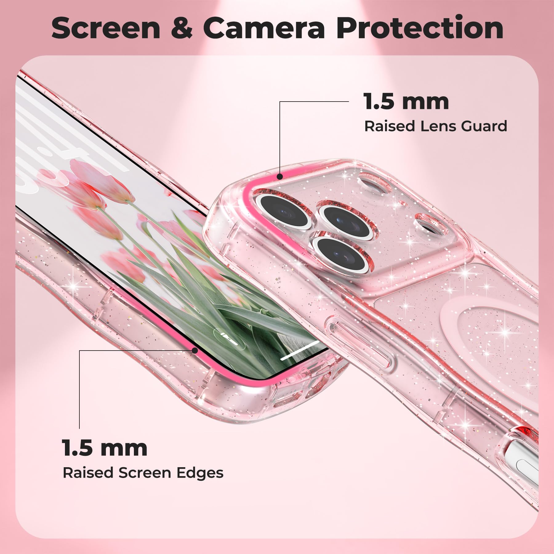 FABSPARK Glitzer-Schutzhülle für iPhone 17 Pro Max, passend für MagSafe, Rosa | Magnetischer gewellter Rahmen, glitzernder Glitzer, transparentes Acryl, harter PC für iPhone 17 Pro Max, Rosa