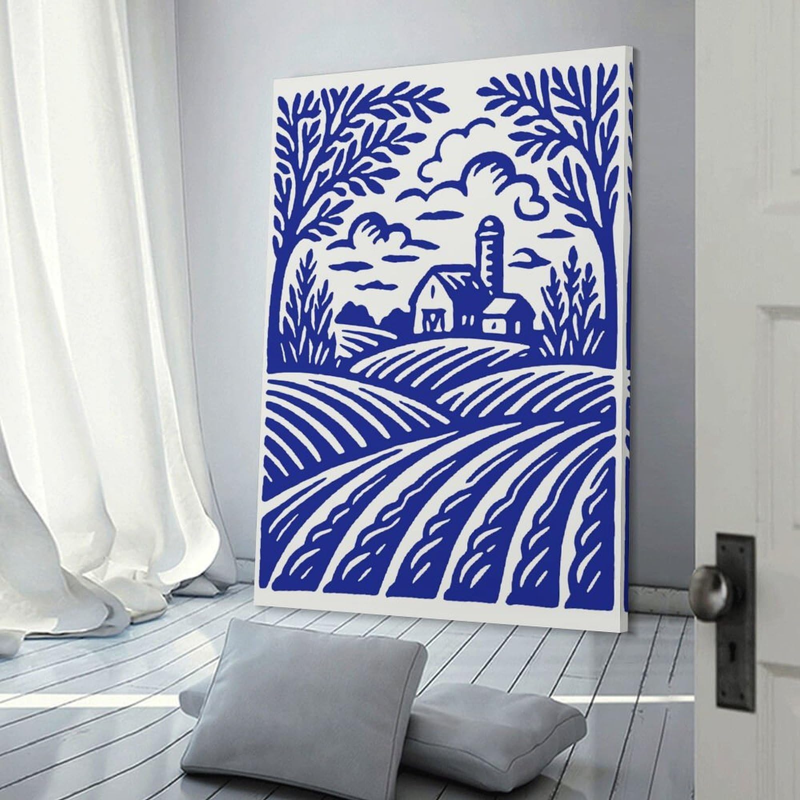 Junmoney Blue Farm Landscape Illustration Canvas Wall Picture 24x36inch(60x90cm), for Picture Wall Styling in Lounge Or Bedroom, Decorative Artwork with Flexible Styling