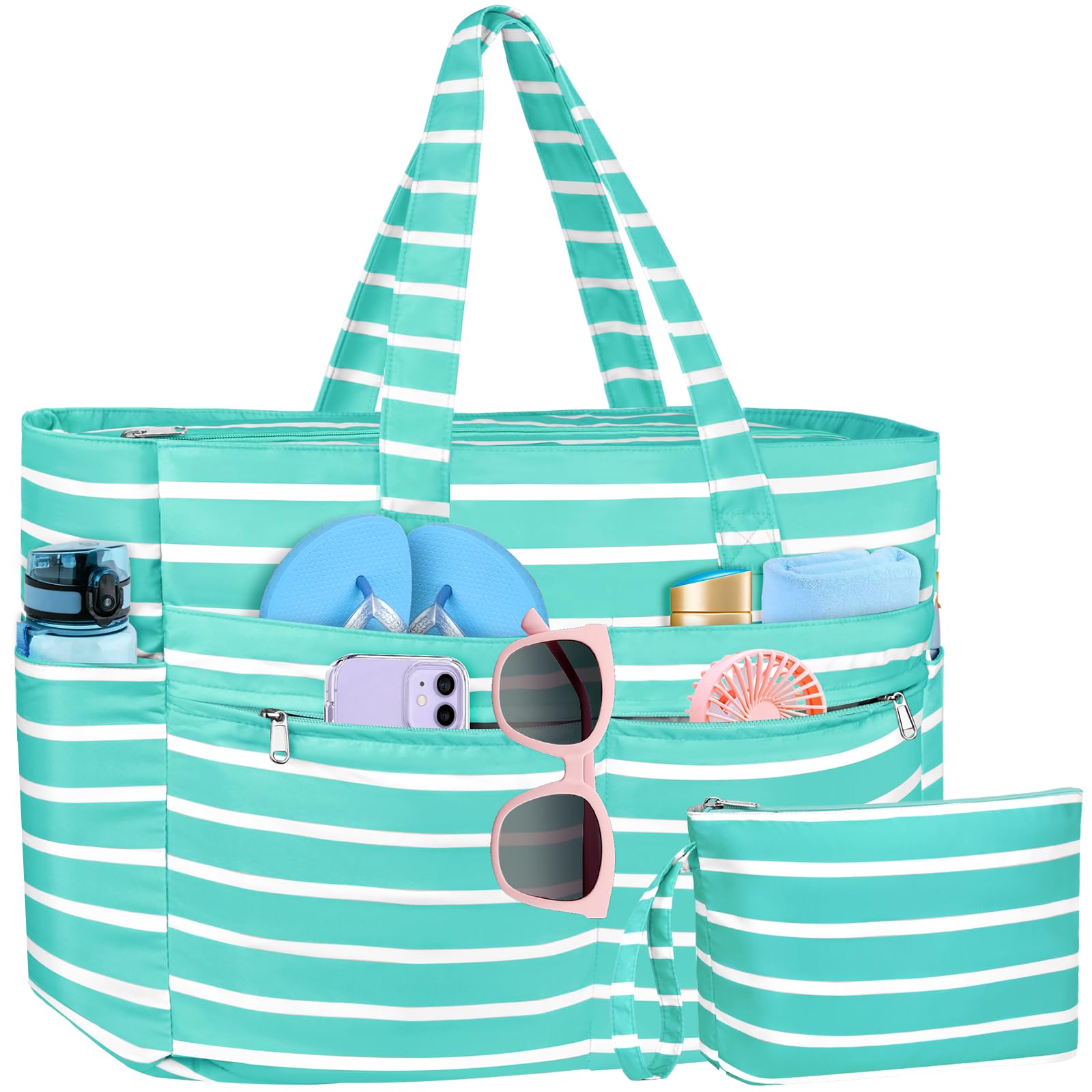 WACCET Borsa Mare Donna Grande, Borsa Spiaggia Donna Impermeabile con Zip Borse Mare Grande XXL Famiglia 50L Pieghevole Leggera Borse Beach Tote Bag per Spiaggia, Viaggio, Vacanza, Piscina