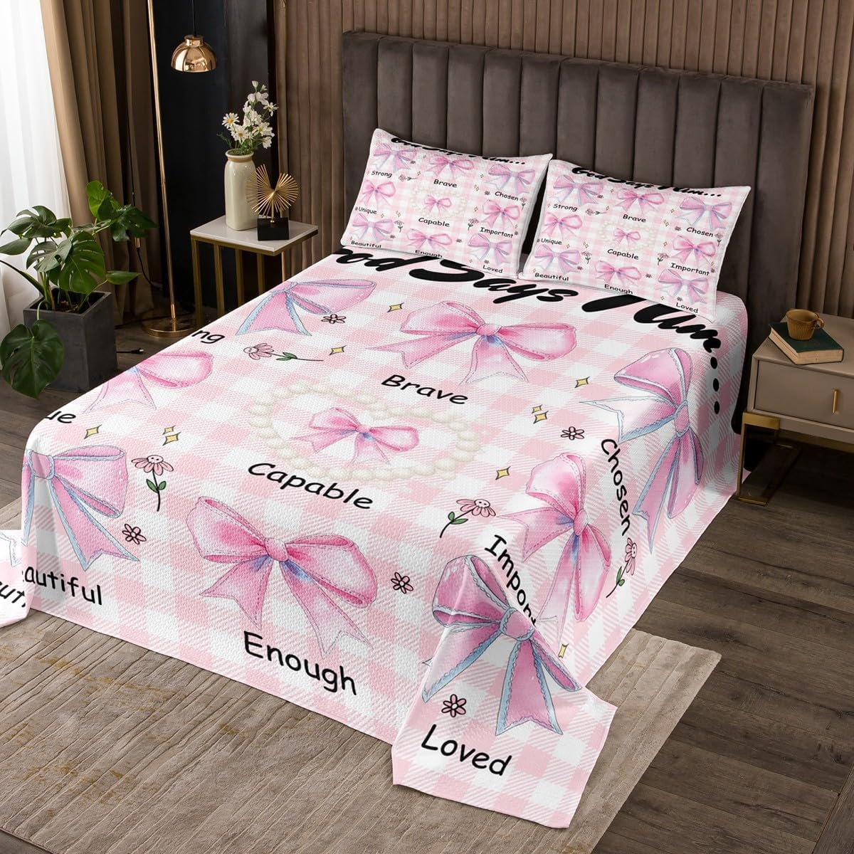 Manfei Pink Bowknot Bedspread Twin Size Bedding for Kids Teens Bedroom Flower Pearl Floral Bow Tie Decor Coverlet Set Geometric Plaids Grid Quilt Set for All Season,2 Pcs with 1 Pillowcase