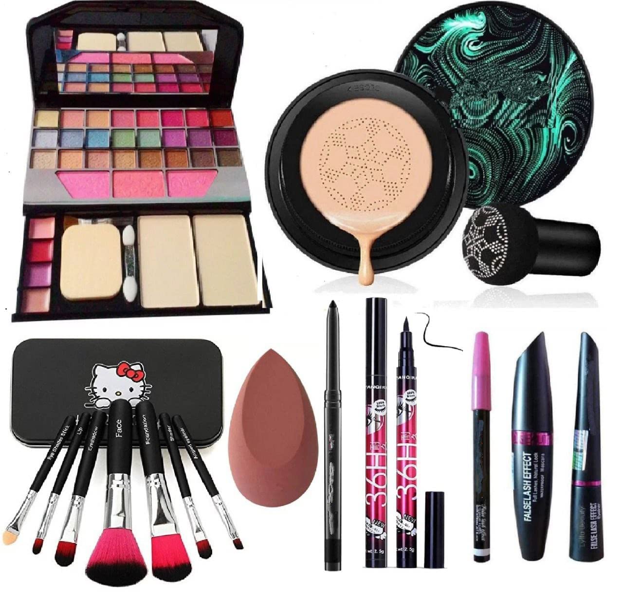 TYA Fashion 6155 Multicolour Makeup Kit with 7 Black Makeup Brushes, Foundation, 3in1 Eyeliner, Mascara, Eyebrow Pencil, Kajal,36H and Beauty Blender Sponge - (Pack of 15)
