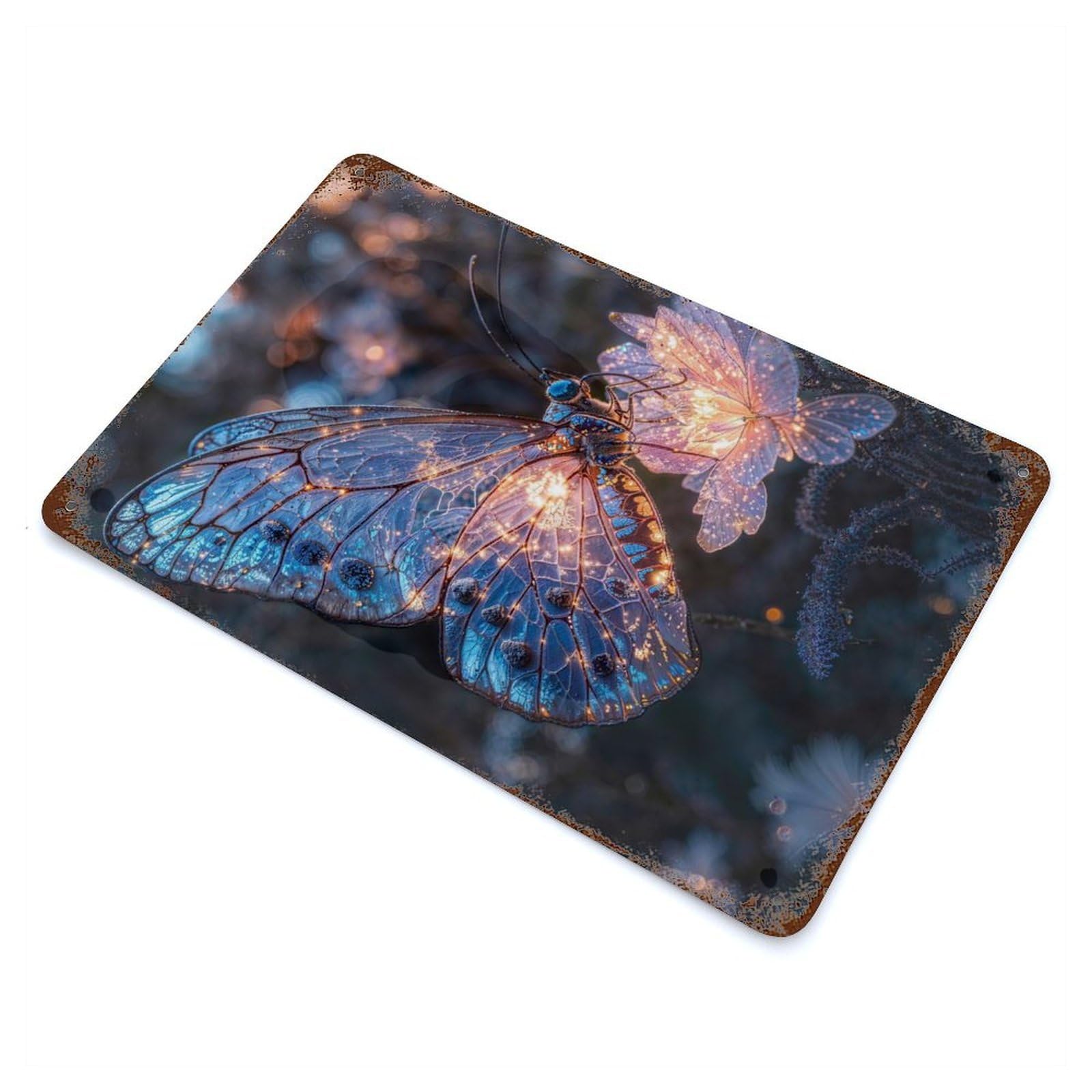 Glowing Butterfly on Flower 11.8"x7.9" Vintage Rust Metal Sign, Shabby Chic Decor for Garage, Bar And Workshop Decor