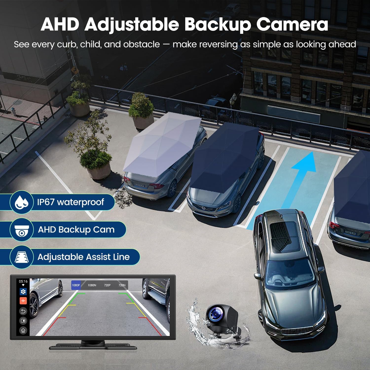 Image showing the AHD adjustable backup camera and its functionality with dynamic guidelines for parking.