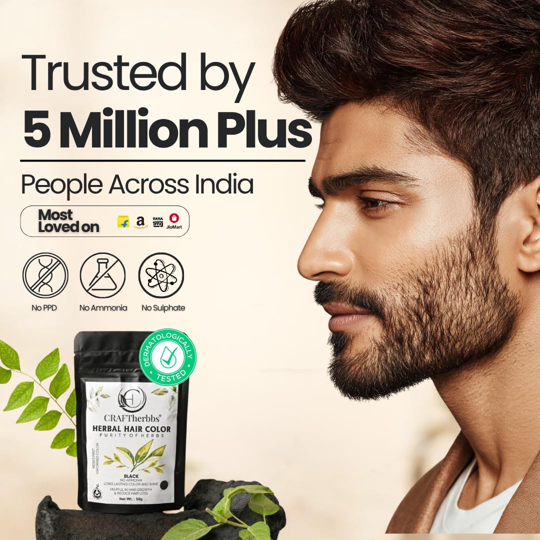 CRAFTherbbs Organic Black Beard & Hair Color | Natural and Healthy Shine | Dandruff Control, UV & Pollution Protection | For Unisex | Pack Of (3) (50g) 2