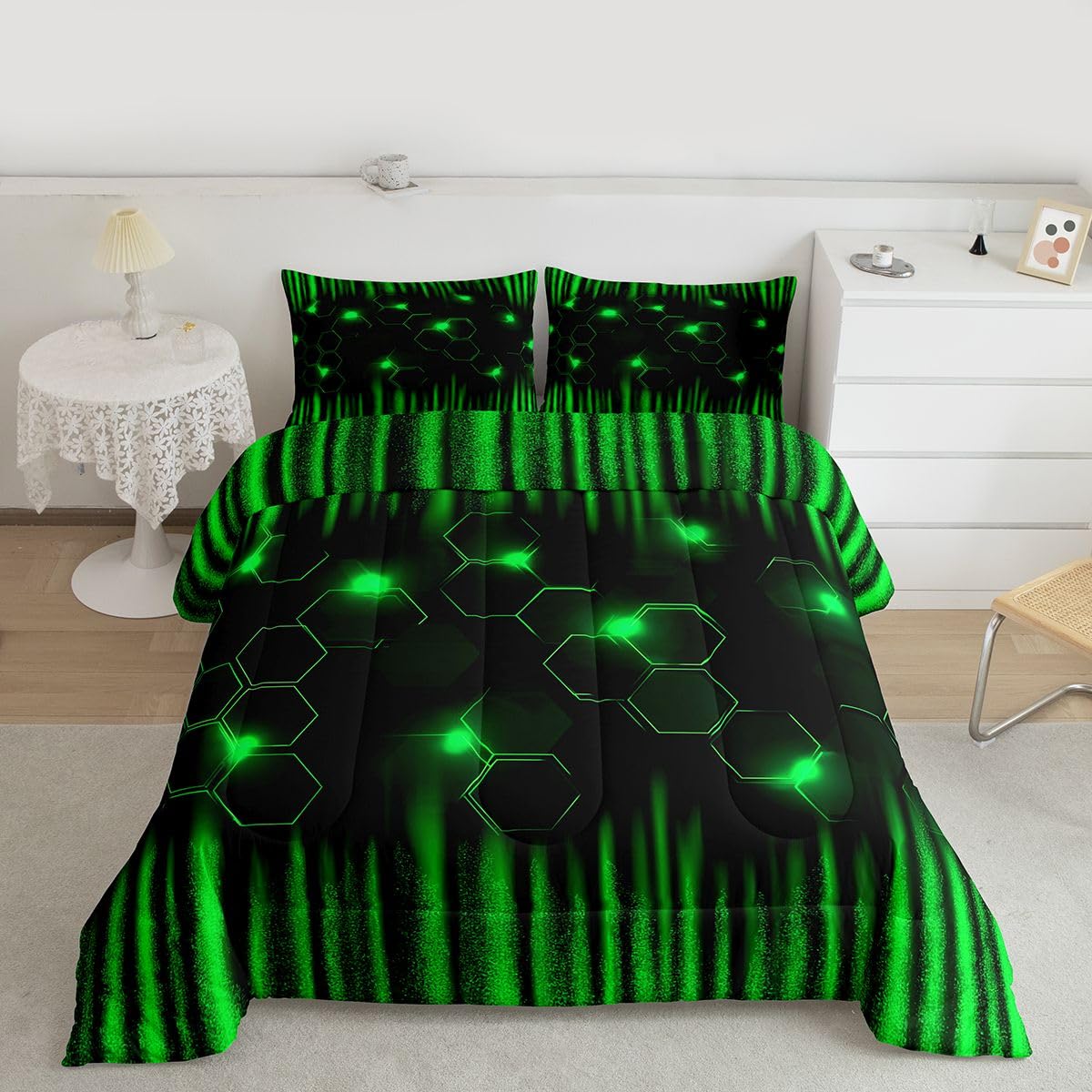 Juego de edredón de panal moderno Feelyou con diseño geométrico verde negro Queen