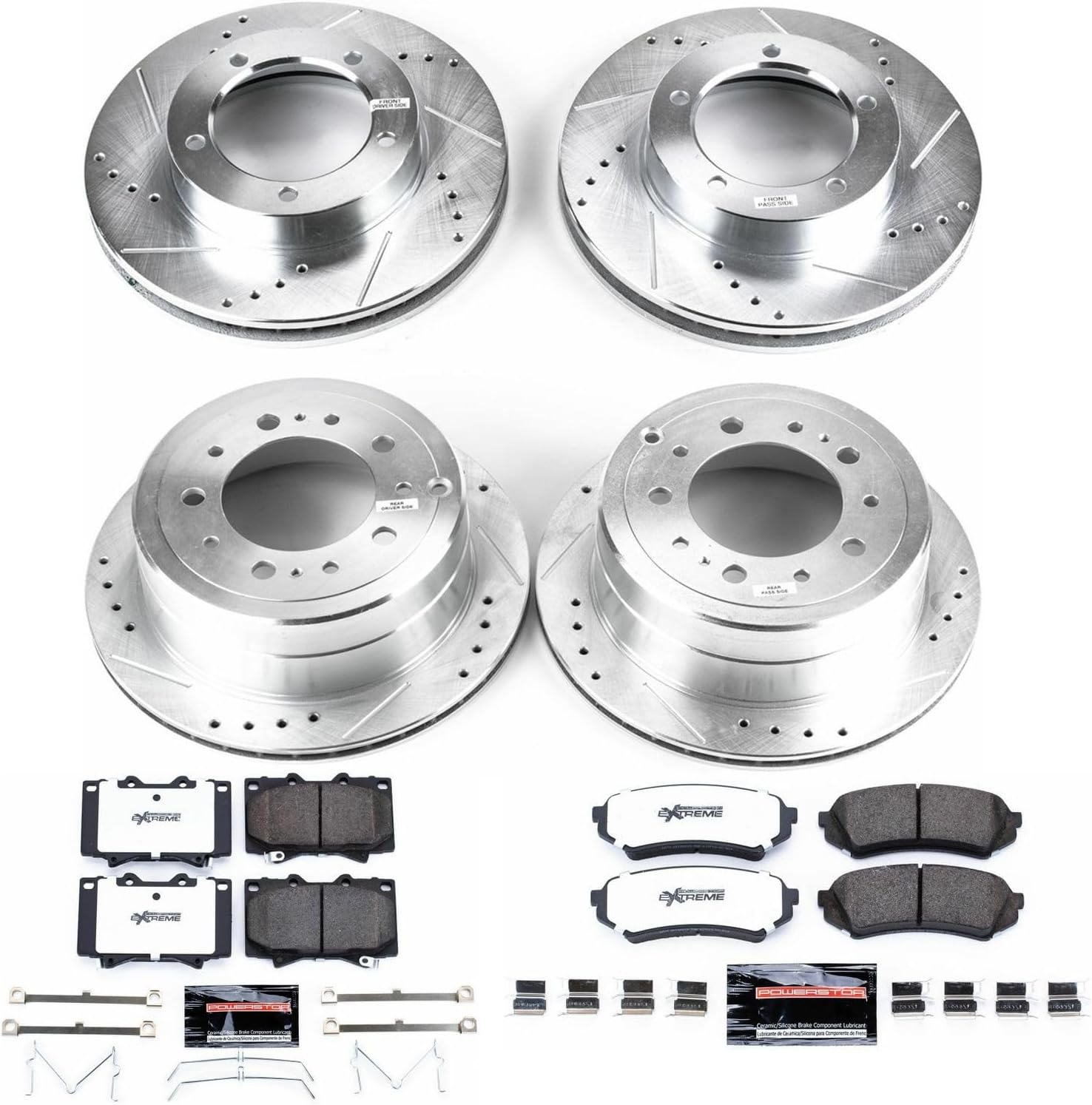 PowerStop Front & Rear Brake Kit For Lexus LX470 1998-07 | Toyota Land Cruiser 1998-07 - Truck & Tow Carbon Fiber Ceramic Brake Pads + Drilled & Slotted Rotors Upgrade, K1133-36