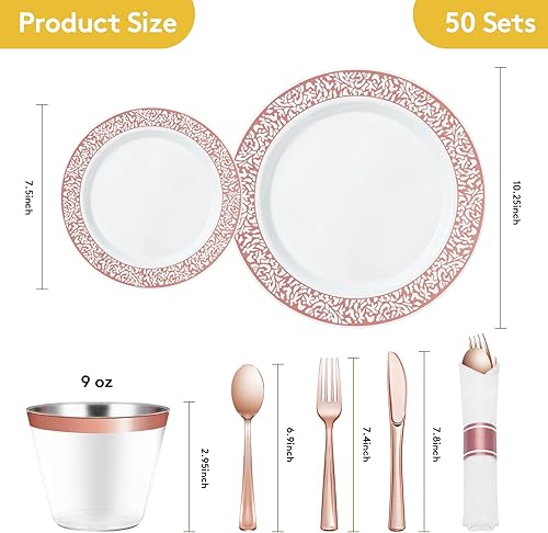 Miniatura 4 de Goodluck 350 Piece Rose Gold Plastic Dinnerware Set for 50 Guests, Disposable Lace Plates for Party, Include: 50 Rose Gold Party Plates, 50 Dessert