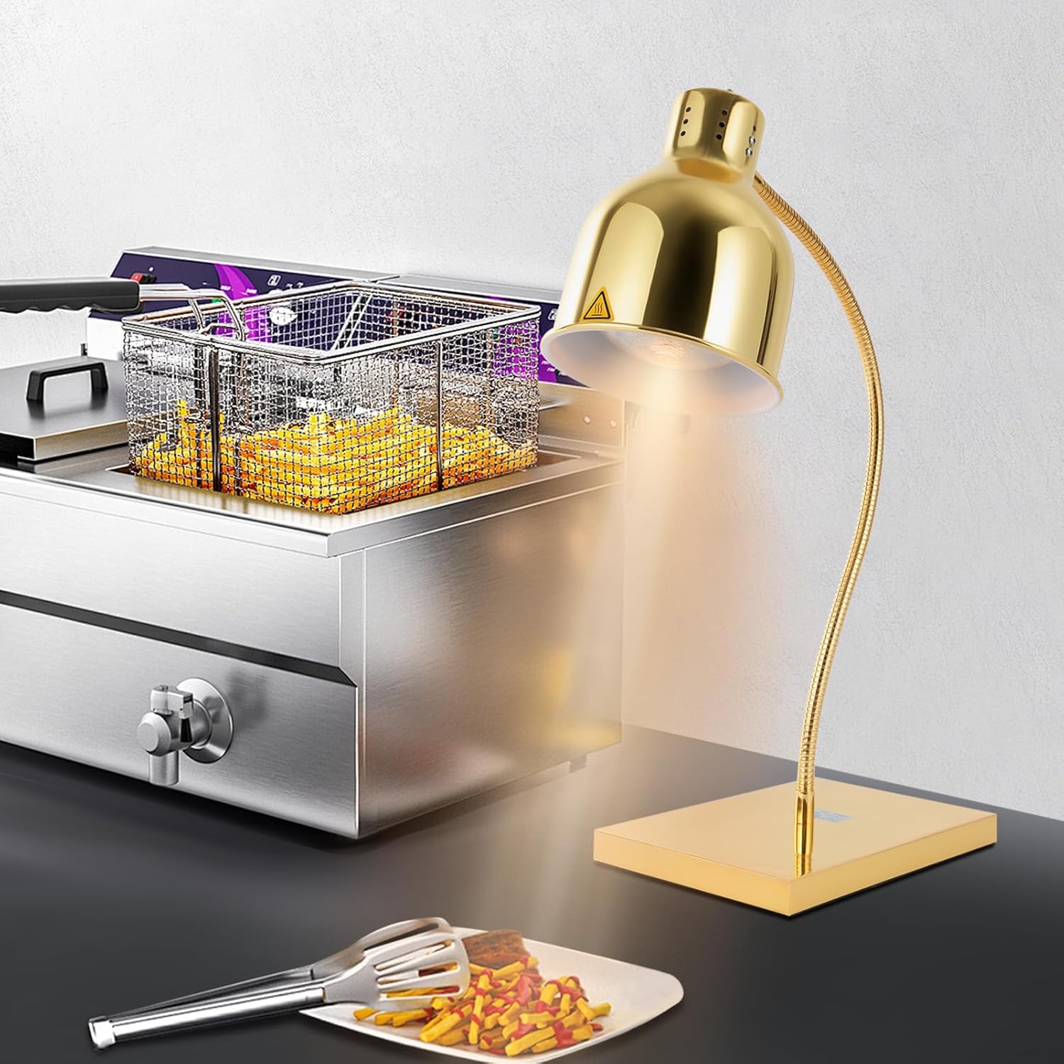 Food Heat Lamp, 250W Commercial Food Warmer Light, Free-Standing Warmer Lights, Electric Food Warmers, Buffet Warmer, 360° Rotation Angle, Food Warming Lamp for Restaurant Kitchen Cafeteria (Gold)