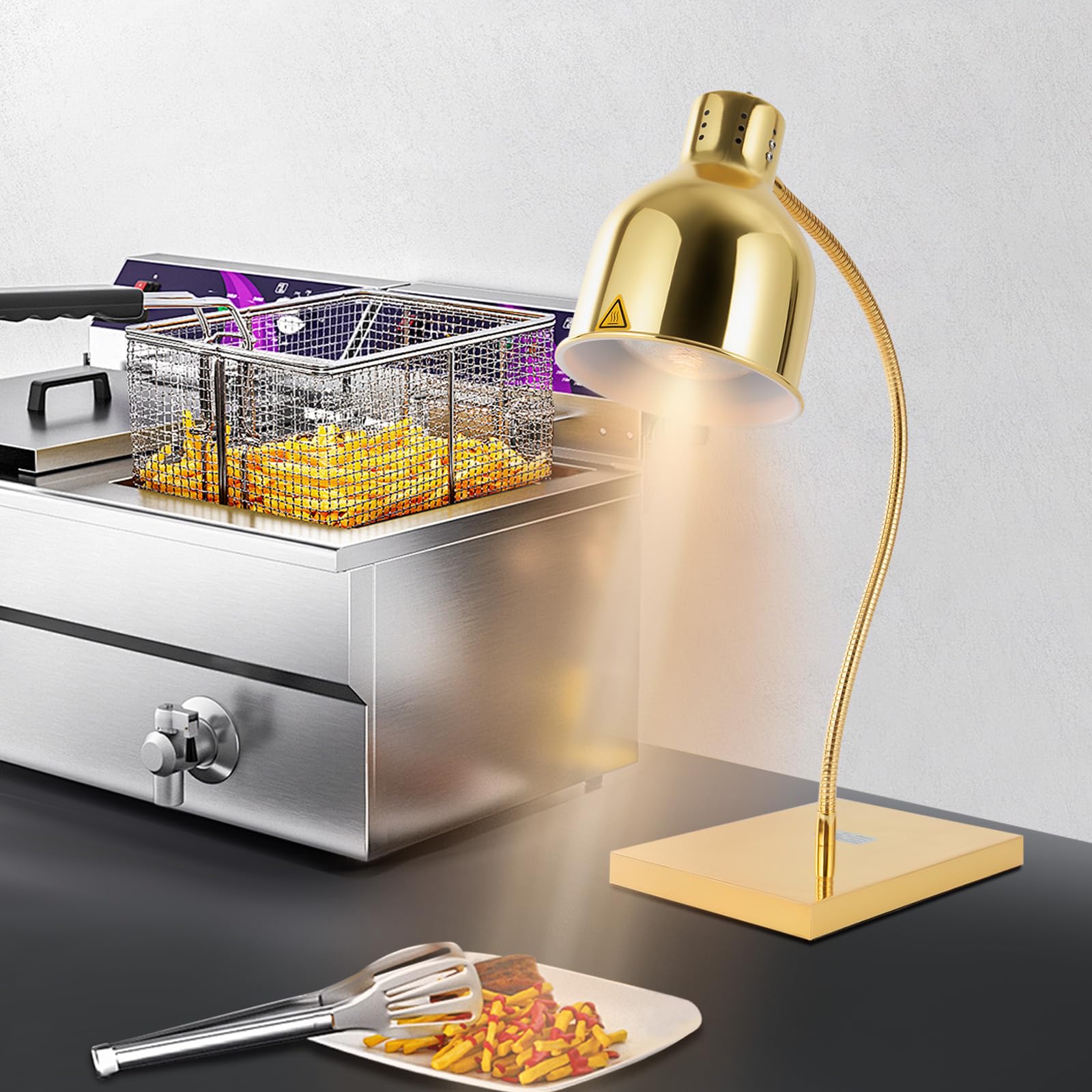 Food Heat Lamp, Portable Electric Food Warmer with Free-Standing 250W Portable Electric Heating Lamp Commercial Food Warmer Lamp for Restaurant Kitchen Cafeteria (Gold)