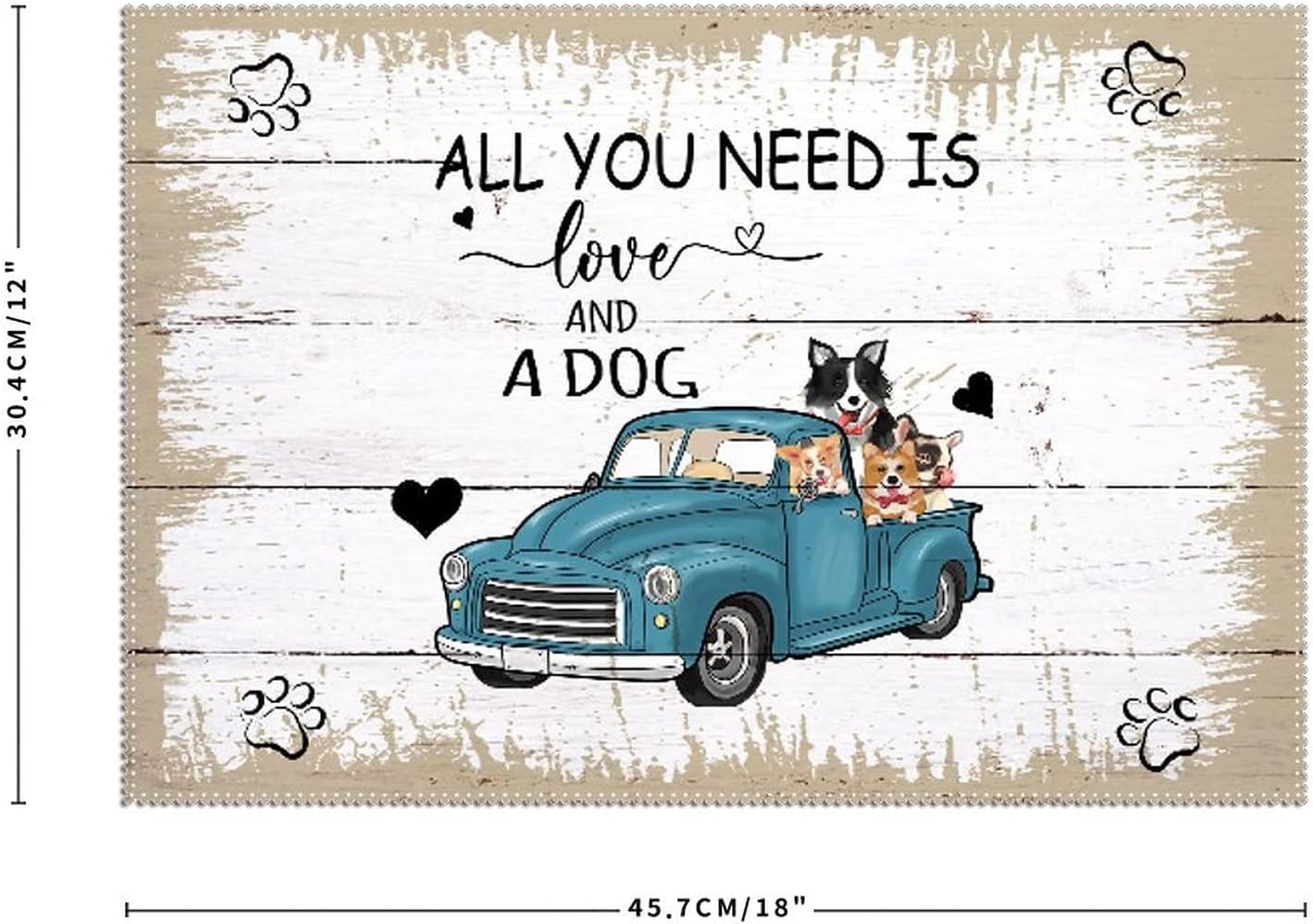 Outdoor Placemats All You Need is Love and A Dog Placemats Blue Pickup Truck with Dogs and Flowers Pad Placemat Stain-Proof Non-Slip Heat Resistant Placemats Dining Table Set of 6