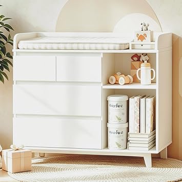 Nursery Changing Table with Storage, Tall Baby Changing Table for Bedroom, Wooden Chest with 4 Large Drawers and 2 Open Shelves