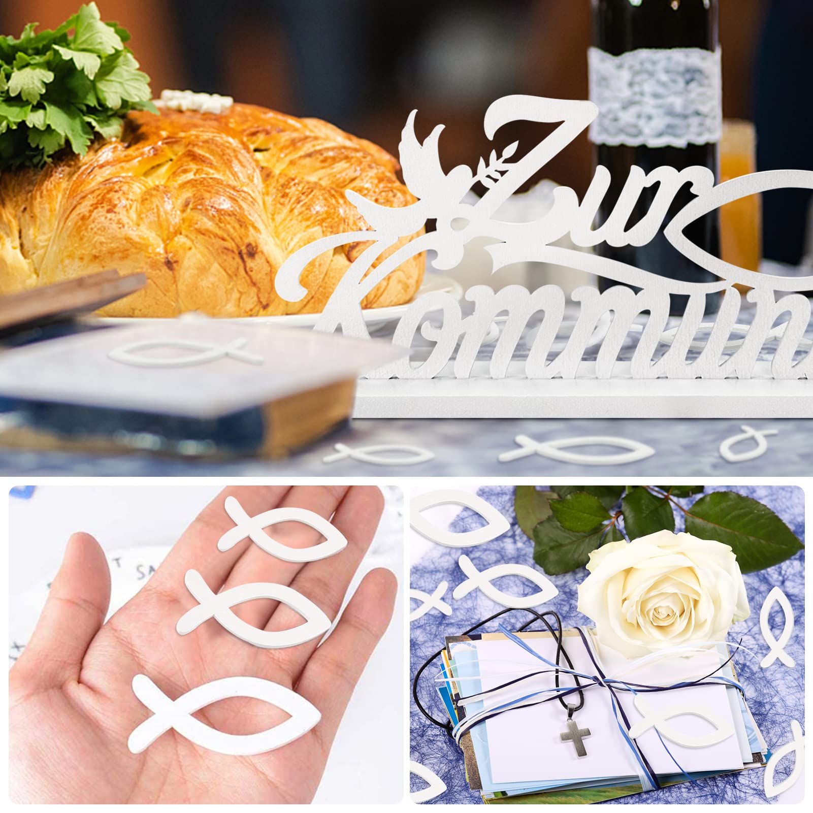 9 Poissons En Bois Décoratifs - Blanc, Vert Clair, Vert Foncé - Décoration Table Baptême, Communion, Mariage