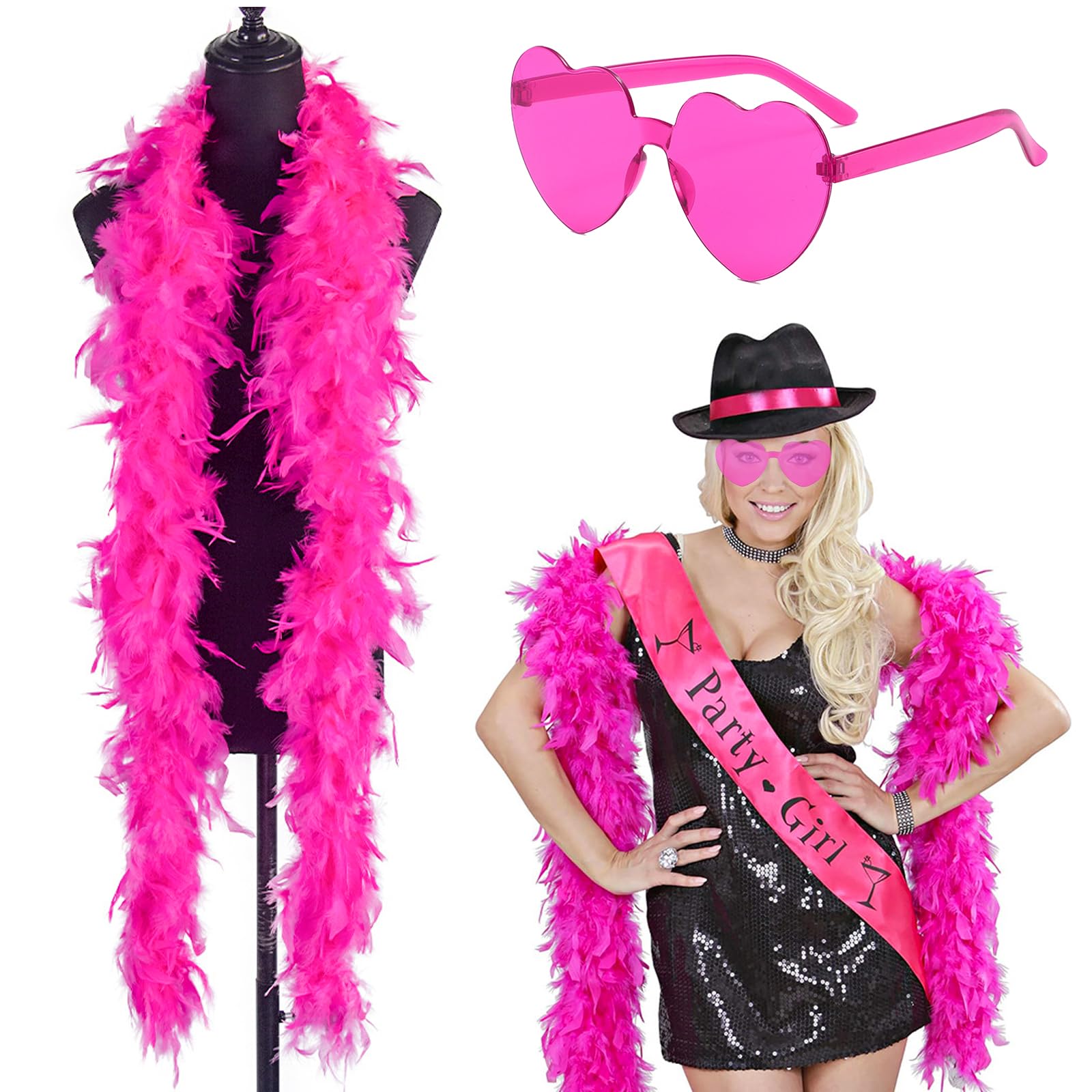 EDLMKM 1 Set Hot Pink Feather Boa 2M and Heart Rimless Sunglasses, Turkey Boa Feathers for Halloween Christmas, Carnival