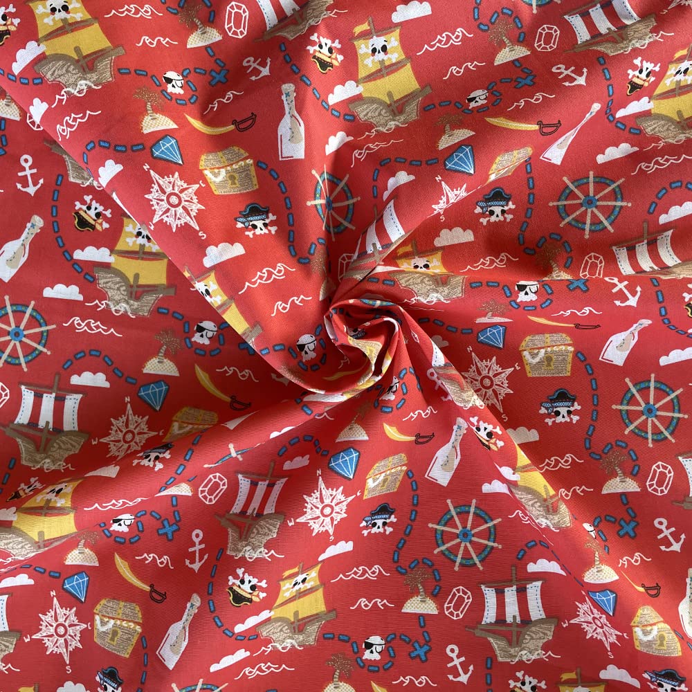 Oh Sew Crafty Limited Red Polycotton Fabric Treasure Hunt Pirates Pirate Ship Nautical Kids Nursery (Per Metre) (Red)