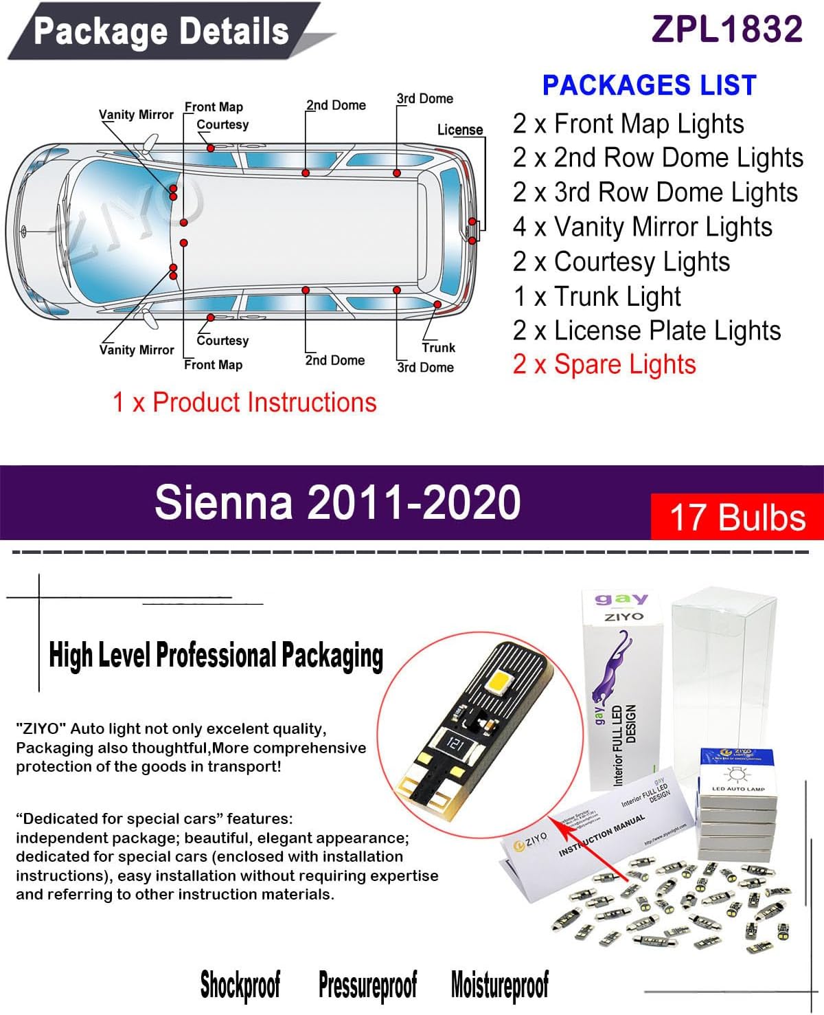 ZIYO ZPL1832 - (17 Bulbs) LED Interior Light kit + License Plate Light Bulbs Package Replacement for Toyota Sienna 2011-2020, 6000K White Dome Light Bulbs Upgrade