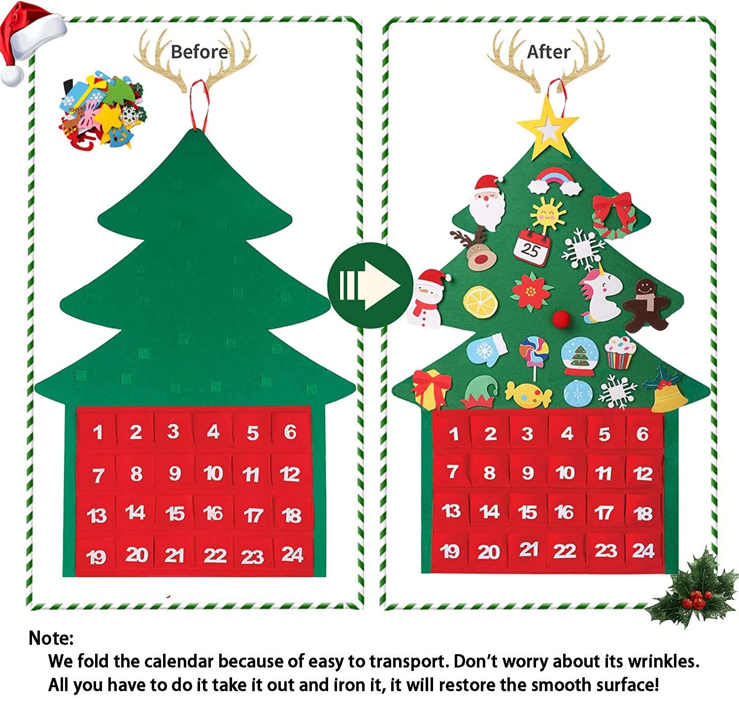 Douthfolle Calendrier De L'Avent 2024 – Sapin De Noël 36cm Avec 30 Ornements – Compte à Rebours De 24 Jours Pour Enfants