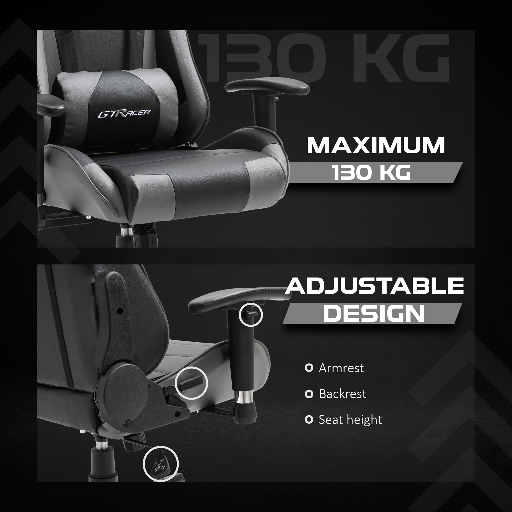 GTRACER Pro Gaming - Silla de oficina ergonómica con reposabrazos ajustables, piel sintética, incluye cojín lumbar y almohada (negro y gris)