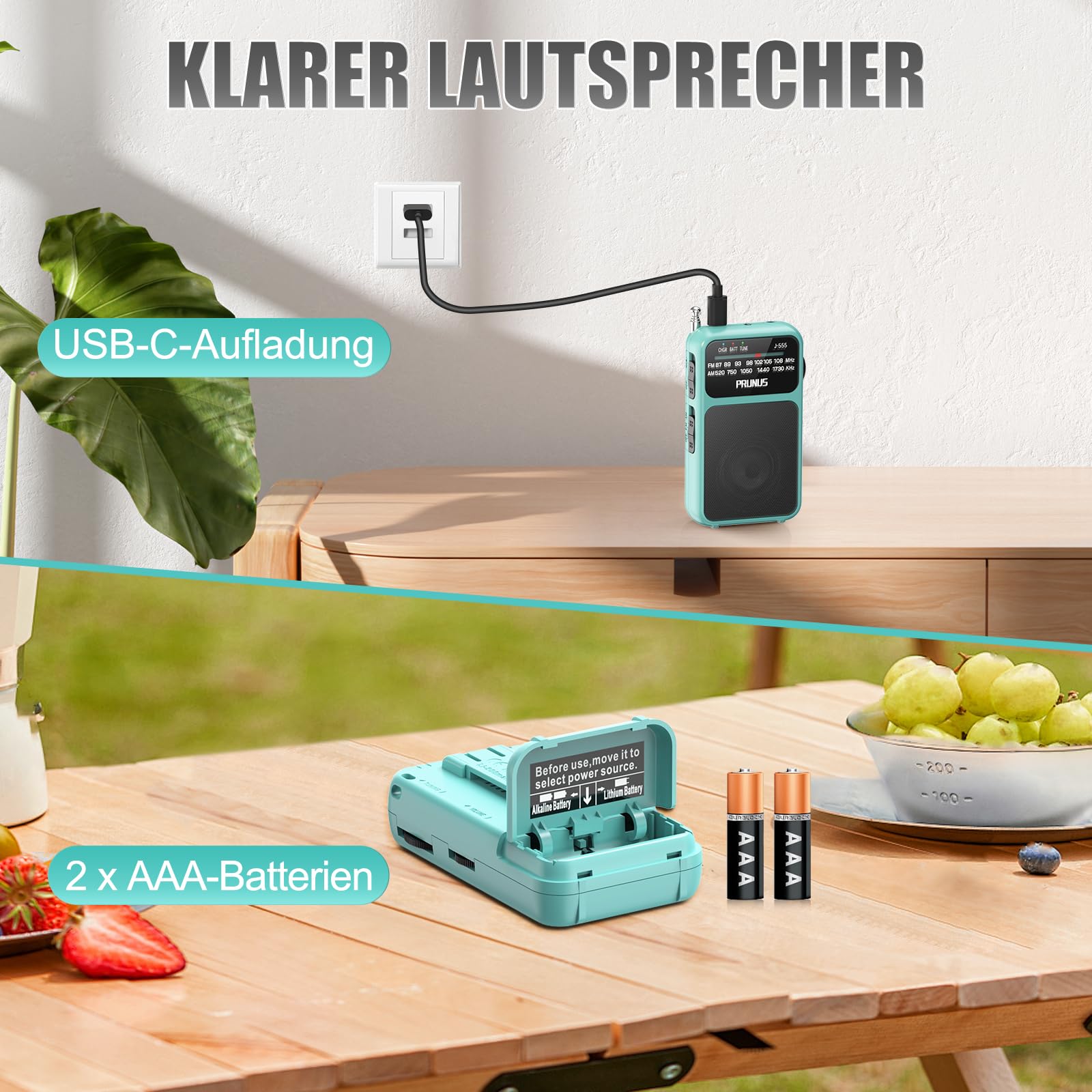 PRUNUS J-555 AM/FM/UKW Radio Klein, Kleines Radio mit Akku, USB-C-Laden, Miniradio Batteriebetrieben per AAA-Batterien mit Rückclip & Lanyard zum Joggen, Camping, Stromausfall. (Blau)