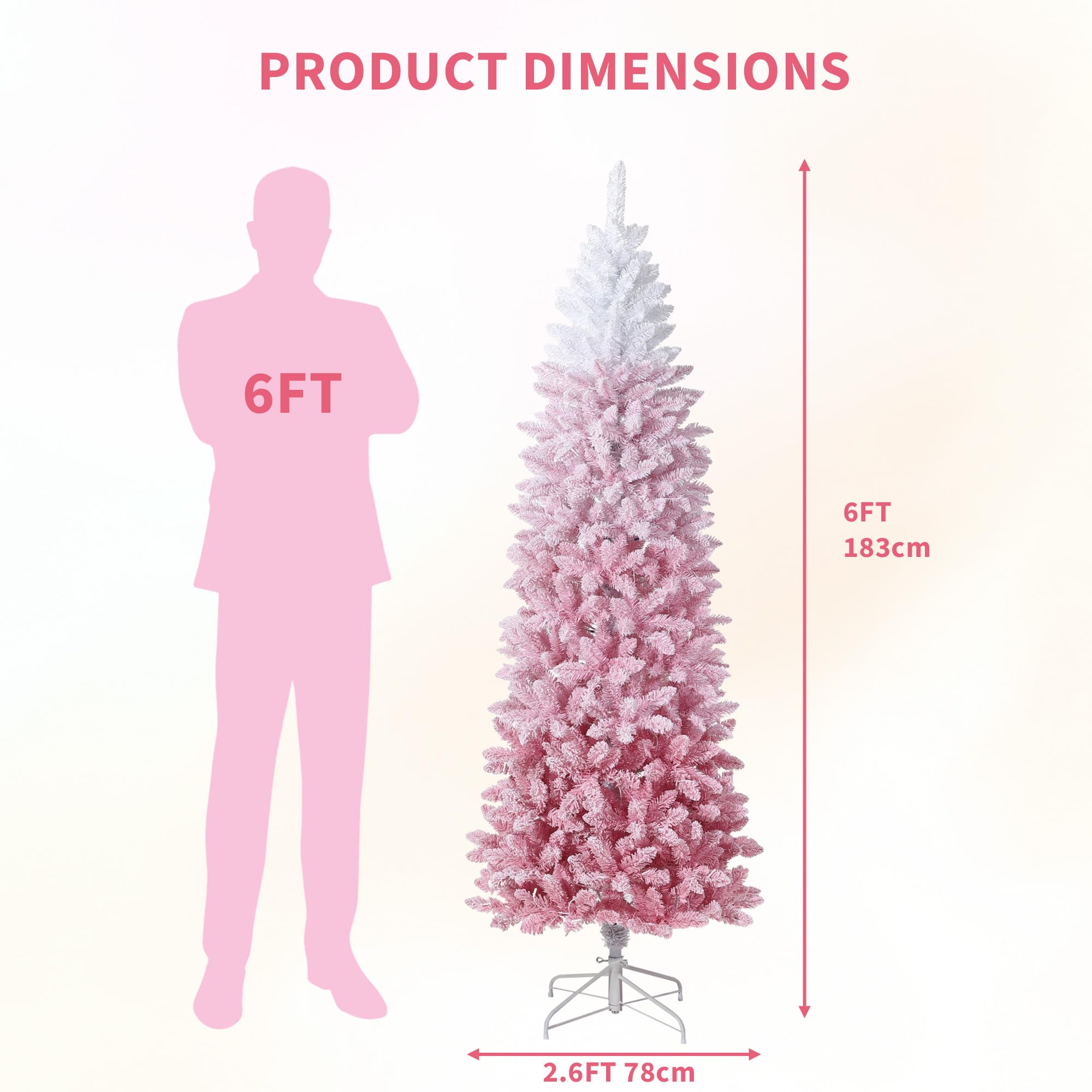 180cm Künstlicher Weihnachtsbaum mit 230 LED-Leuchte,610+ Tannennadel， Rosa Gradienten Tannenbaum Groß,Christmas tree für Weihnachten Dekoration, Wohnzimmer, Eingang, Weihnachtsbäume Faltbarem Ständer