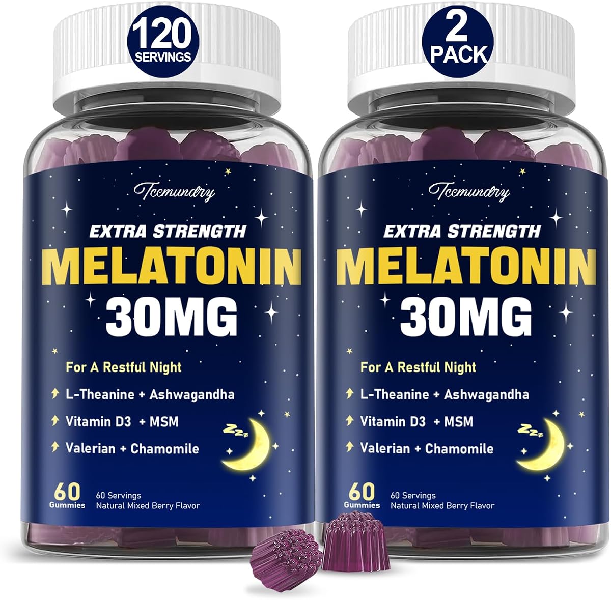 Melatonin Gummies 30mg for Adults: Maximum Strength Melatonin Supplement | with L-Theanine, Ashwagandha, MSM, Vitamin D3 & Zinc - Non-Habit Forming, Natural Mixed Berry Flavor 120 Count