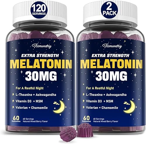 Miniatura 1 de Gomitas de melatonina de 30 mg para adultos Suplemento de melatonina de máxima fuerza con L-teanina, ashwagandha, MSM, vitamina D3 y zinc, sin