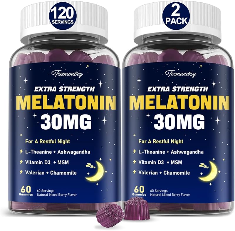 Melatonin Gummies 30mg for Adults: Maximum Strength Melatonin Supplement | with L-Theanine, Ashwagandha, MSM, Vitamin D3 & Zinc - Non-Habit Forming, Natural Mixed Berry Flavor 120 Count