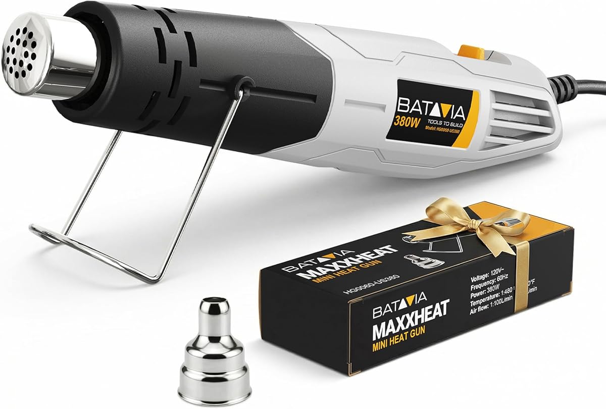 Mini Heat Gun - BATAVIA 380W Fast Heat Hot Air Gun Tool with Uniform Heat Tech & Dual Protection Fuses, 2 Temp (572°F/1022°F)+Nozzle with Overheat Protection for DIY Crafts, Vinyl Wrap, Shrink Tubing