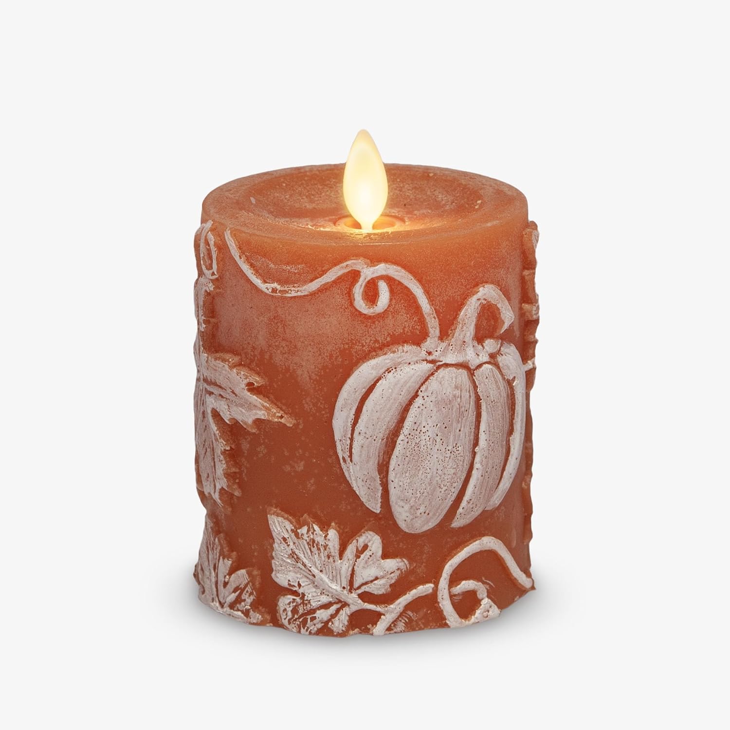 Luminara Embossed Leaves and Pumpkins Moving Flame Pillar Candle 3.25" x 4.5" with