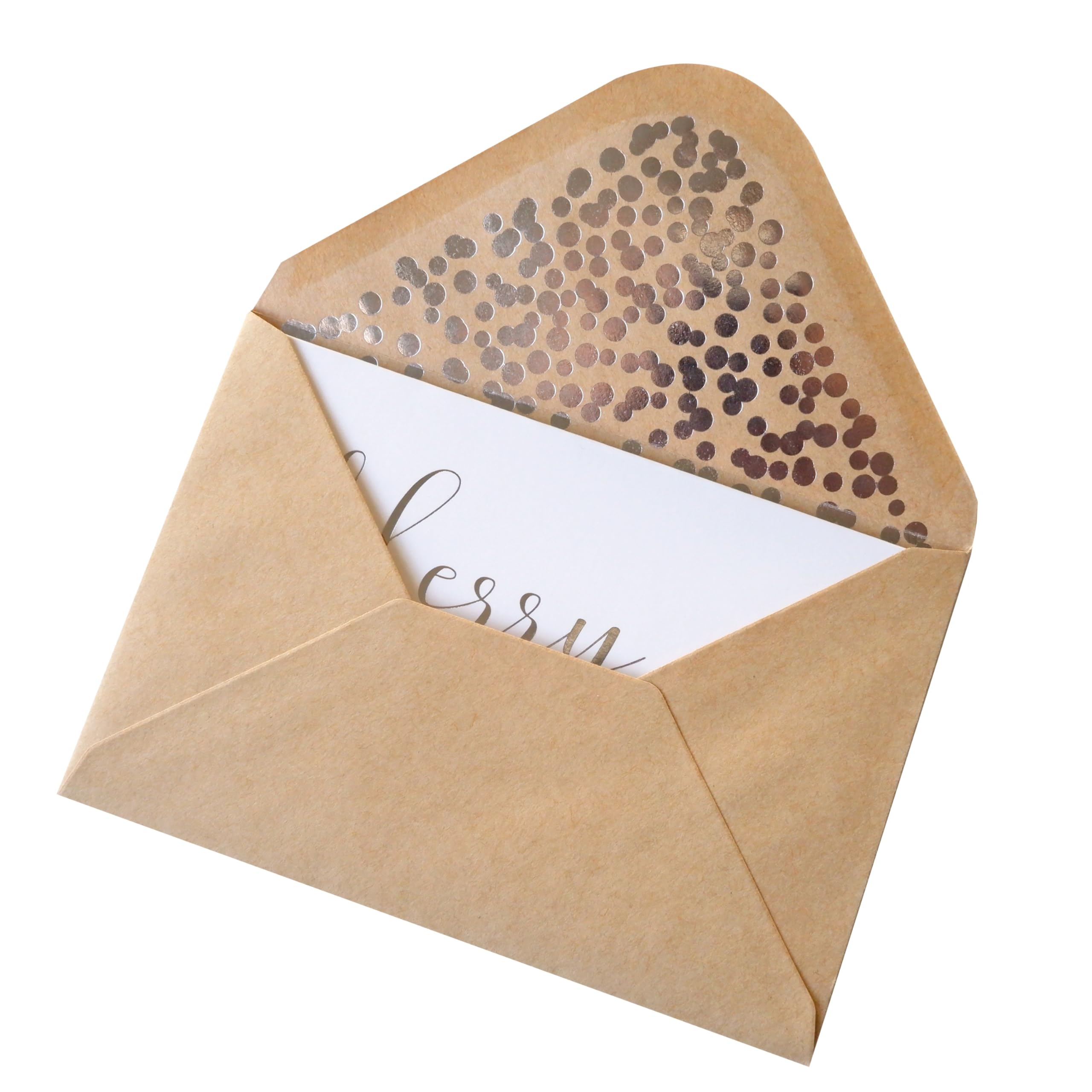 Tarjetas de Navidad plateadas, paquete de 50 tarjetas de felicitación blancas de Feliz Navidad en acabado mate con letras plateadas, incluye 52 sobres de papel kraft de confeti de lámina plateada, 4 x