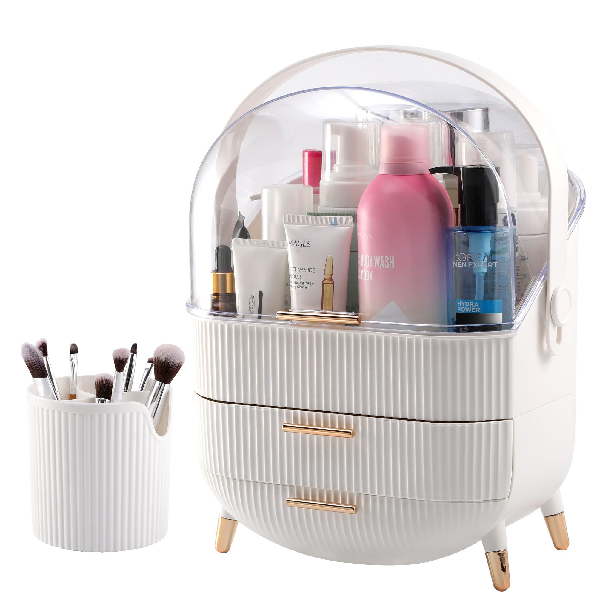 RMAN Makeup Organizer for Vanity With Lid and Drawers Skincare Make Up Organizers and Storage Cosmetics Box for Countertop Bathroom,White with Brush Holder